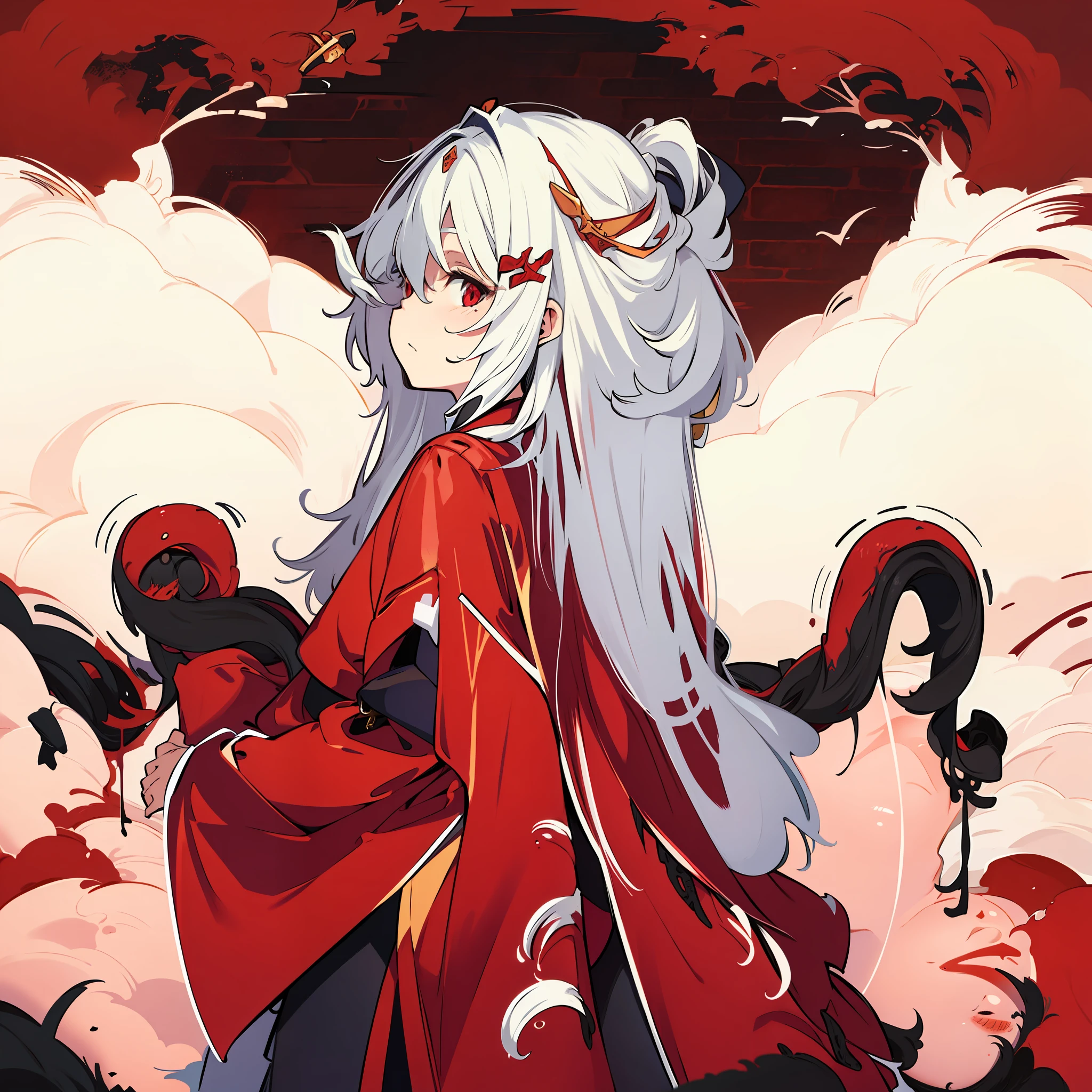 White hair，Ancient wind，Q version，Red eyes，Background ink wind，Taoist，Red robe，Ink wind，Black mist，Unknown horror，energy，Copper money sword