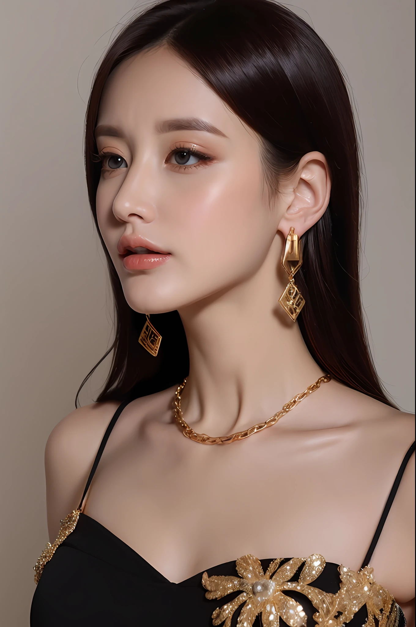 (8K, Best quality, Masterpiece: 1.2), (Realistic, Realistic: 1.37), Super detail,Glamorous fashion model,Elegant black sleeveless top, Gold hoop earrings and tiered chain necklace