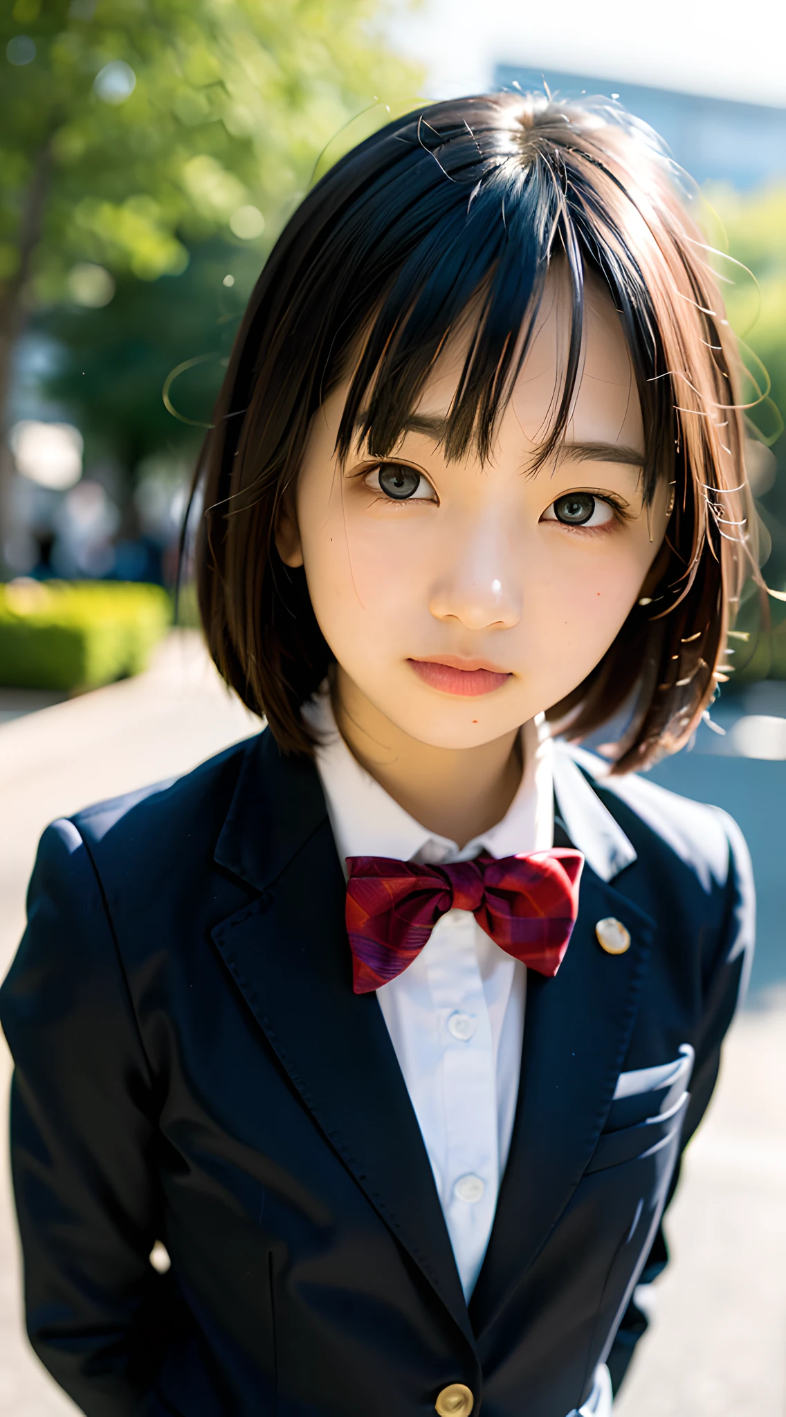 (masterpiece, best quality:1.4), award winning portrait, 8k, 85mm, solo, beautiful face, delicate girl, school uniform, (dark navy blazer jacket, arms behind back, close up face:1.2), dark navy skirt, long sleeve, violaceaess, gardeniass, short hair, elegance, sophisticated, (smile:0.7), cute, , looking at viewer, 18yo, raw photo, absurdres, HDR, sharp focus, outdoor, bow tie, bokeh background