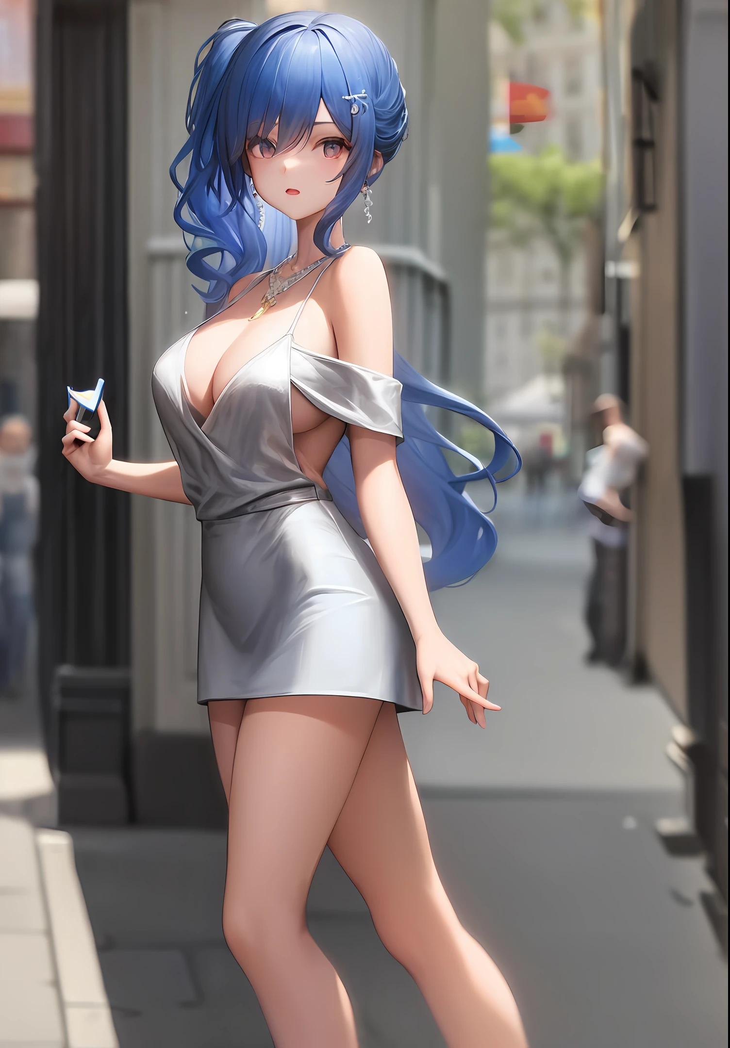 Two-dimensional white short skirt off-the-shoulder blue hair blue eyes in lively street
