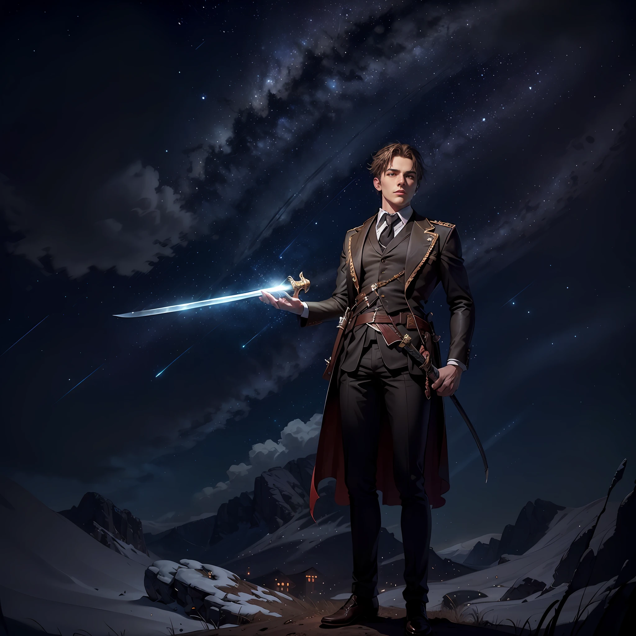 Handsome man in period costume holding a sword under the stars  （Shrink the character，Zoom in on the starry sky）