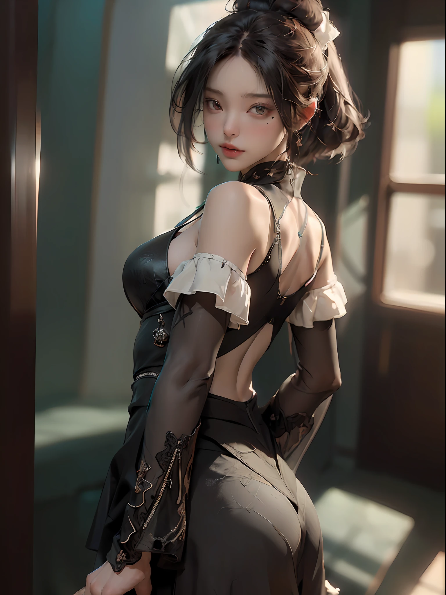 ((top-quality)), ((masterpiece)), (detaileds:1.4), 3D,Black clothe、show through、see -through、halterneck、Image of a woman with her back visible,nffsw(HighDynamicRange),Ray traching,NVIDIA RTX,Hyper-Resolution,Unreal 5,Sub-surface scattering,PBR Texturing,Postprocess,Anisotropy Filtering,depth of fields,Maximum clarity and sharpness,multi-layer texture,Albedo and specular maps,Surface Shading,Accurate simulation of light-material interactions,perfectly proportions,Octane Rendering,Two-tone lighting,Wide aperture,Low ISO、White Balance、thirds rule、8K Raw、