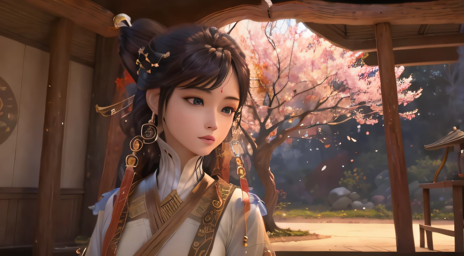 A long-haired woman stands in front of the hut with cherry blossom trees in front of the antique fairy fantasy, Chinese fantasy, Wang Chen, trending on cgstation, Chiba Yuda, Lu Ji, Inspired by Song Maojin, inspired by Luo Mu, inspired by Tang Yin