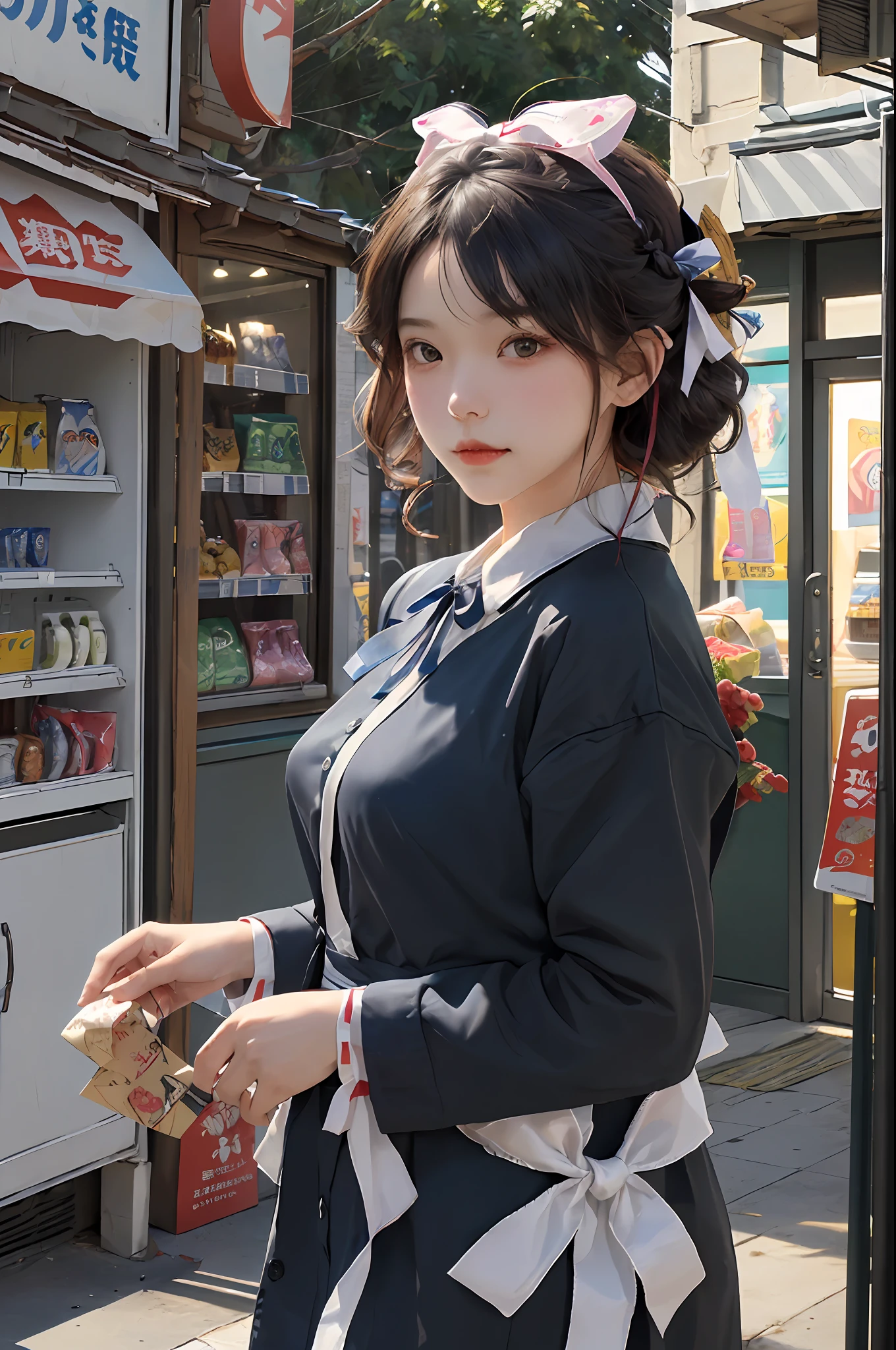 top-quality、​masterpiece、超A high resolution、(Photorealsitic:1.4)、1girl in、Convenience store uniform、enticing、looking in camera、(((shorth hair)))、(((Large ribbon)))、((Ribbon like a butterfly))、Inside a convenience store