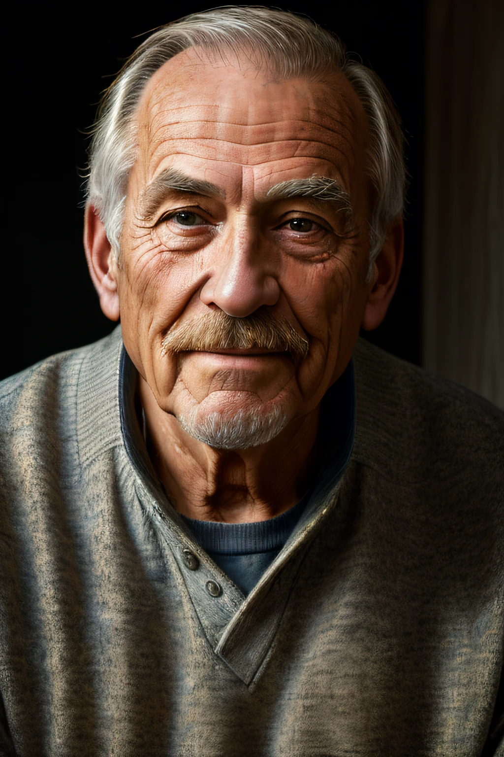 (masterpiece, photorealistic, raw,:1.4), (extremely intricate:1.2), close up, cinematic light, sidelighting, ultra high res, best shadow, RAW, upper body, old man, wearing pullover,