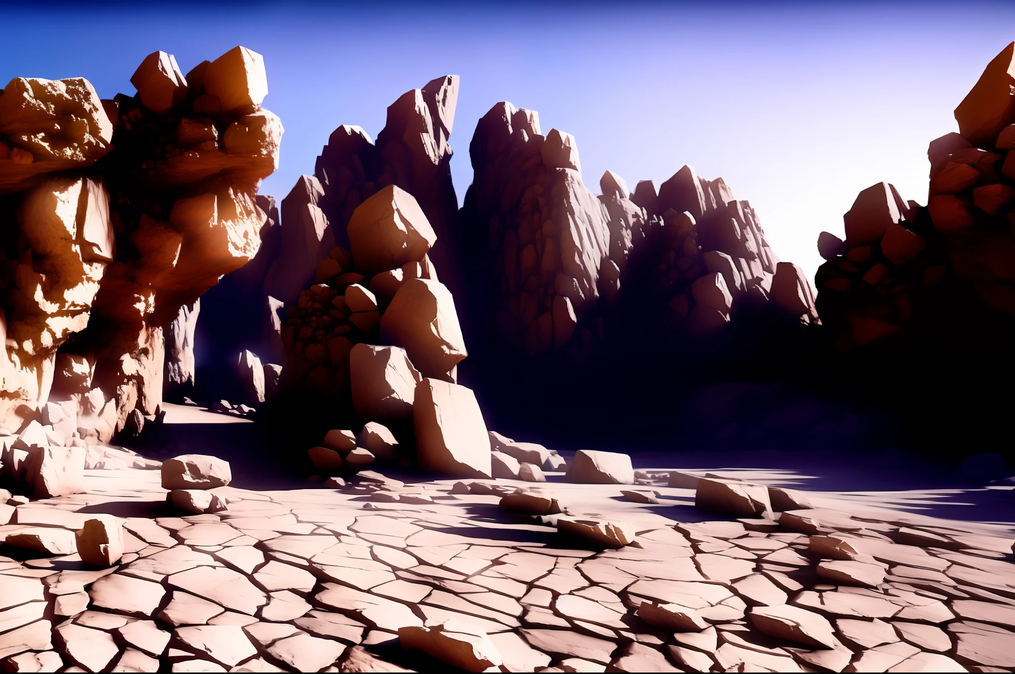Unreal Engine rendering, cave, desert environment, pillar, altar, stone man, mythology, 8K HD