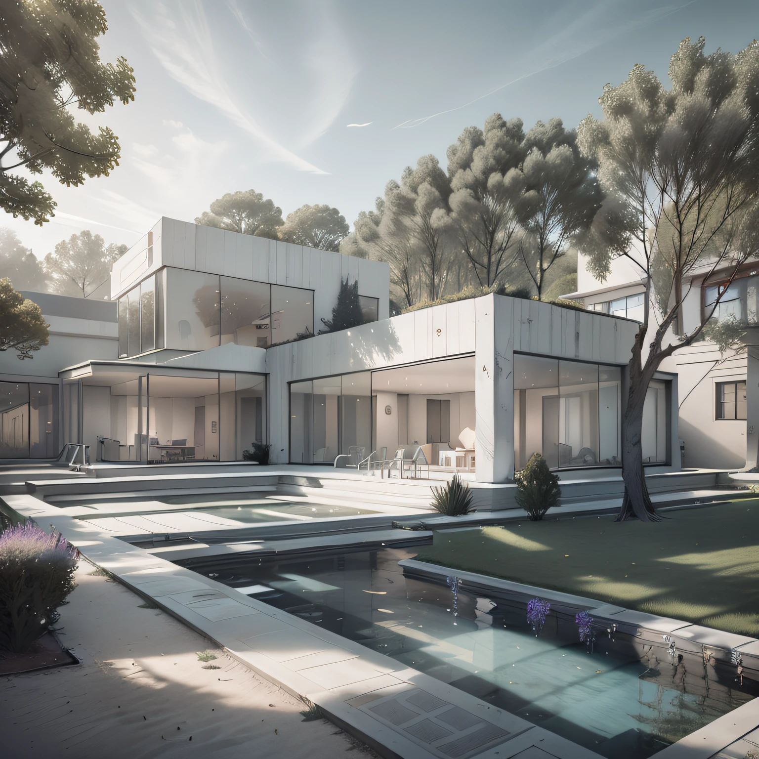 Organic modern architecture on a fairly large plot, from , there is a swimming pool in the middle of a large house of a flower, color of the house in chocolate brown and black beams, large modern residence, flat roofs and garden, render luxcore, render oktane, a photorealistic rendering, architectural rendering, mantra rendering, architectural rendering, realistic rendering, architectural visualization, wellness pool, Architectural visualization, large green zones, with small zones of lavender flowers, green shrubs type lush green garden, as well as small water mirrors, swimming pool embedded in an area of sand, olive and pine trees around the house, paddle court next to the house