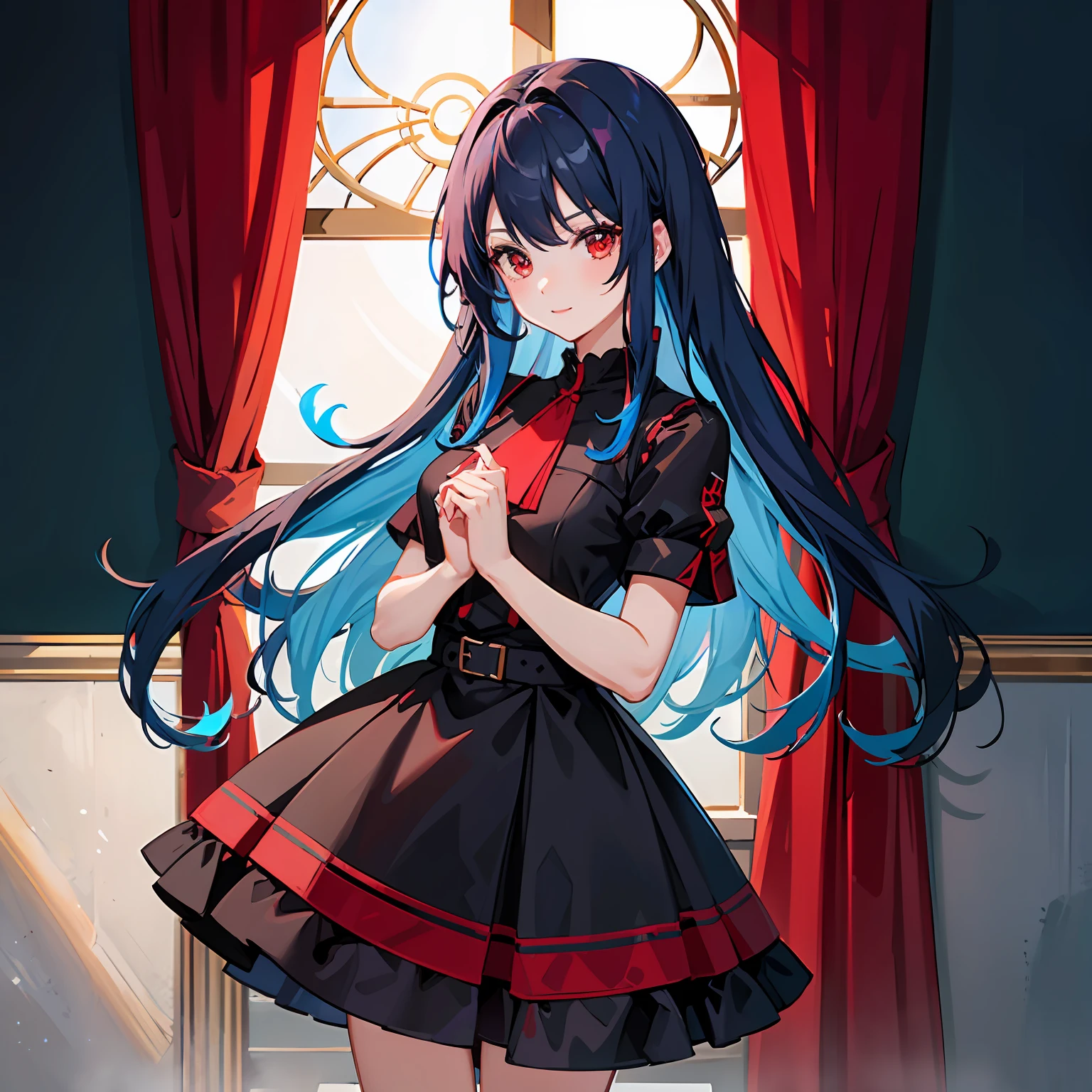 girl, red eyes, blue hair, red and black dress, medium size, happy