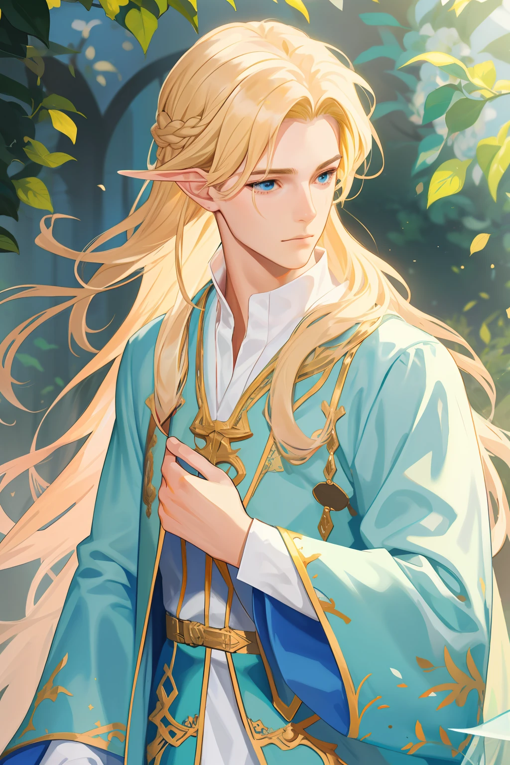 ,Need,super-fine,Semi-realistic,Meticulous facial features,1boy,blond hairbl,long whitr hair,blueneyes,Wearing exquisite fairy costumes