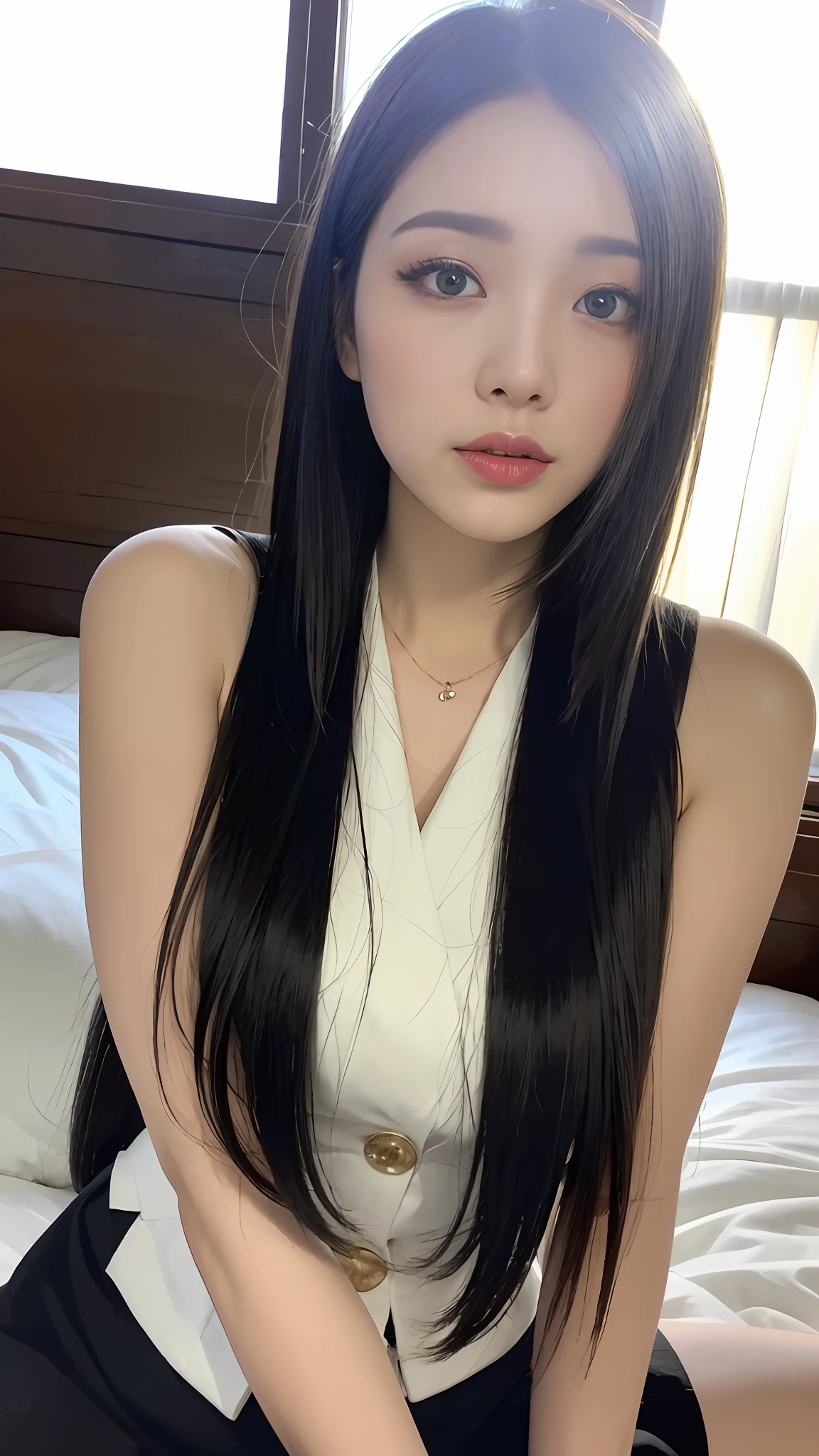 ((Best Quality, 8K, Masterpiece:1.3)), A beautiful girl, pure, melon face, gentle and cute, thin figure, (frontal), (tilted head), looking directly at the camera, uniform, obi, formal, black silky long straight hair, long hair flowing over the shoulders, round black big eyes, clear big eyes, moist red lips, sweet, sitting on the bed, sunlight, window background,