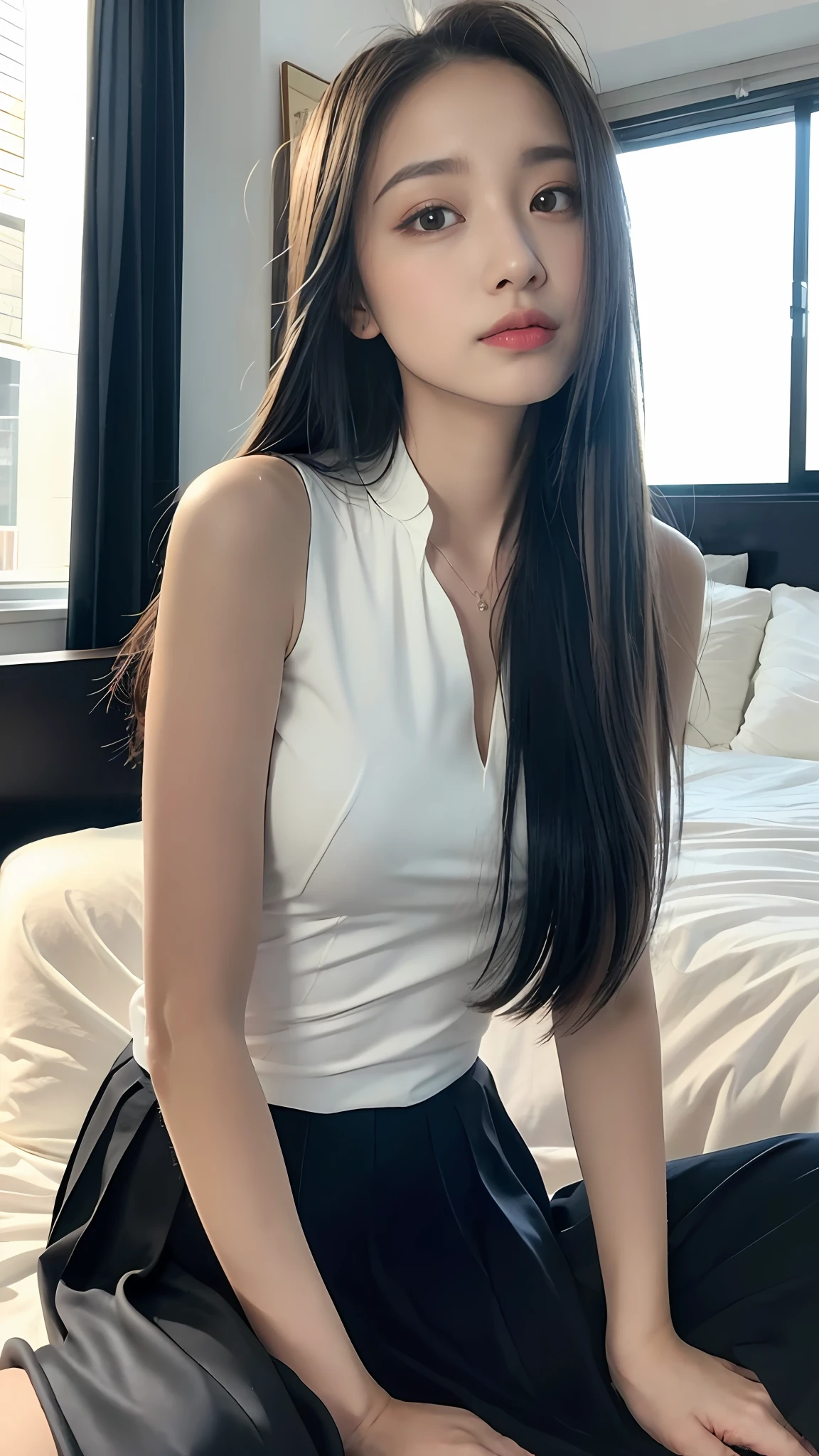 ((Best Quality, 8K, Masterpiece:1.3)), A beautiful girl, pure, melon face, gentle and cute, thin figure, (frontal), (tilted head), looking directly at the camera, uniform, obi, formal, black silky long straight hair, long hair flowing over the shoulders, round black big eyes, clear big eyes, moist red lips, sweet, sitting on the bed, sunlight, window background,