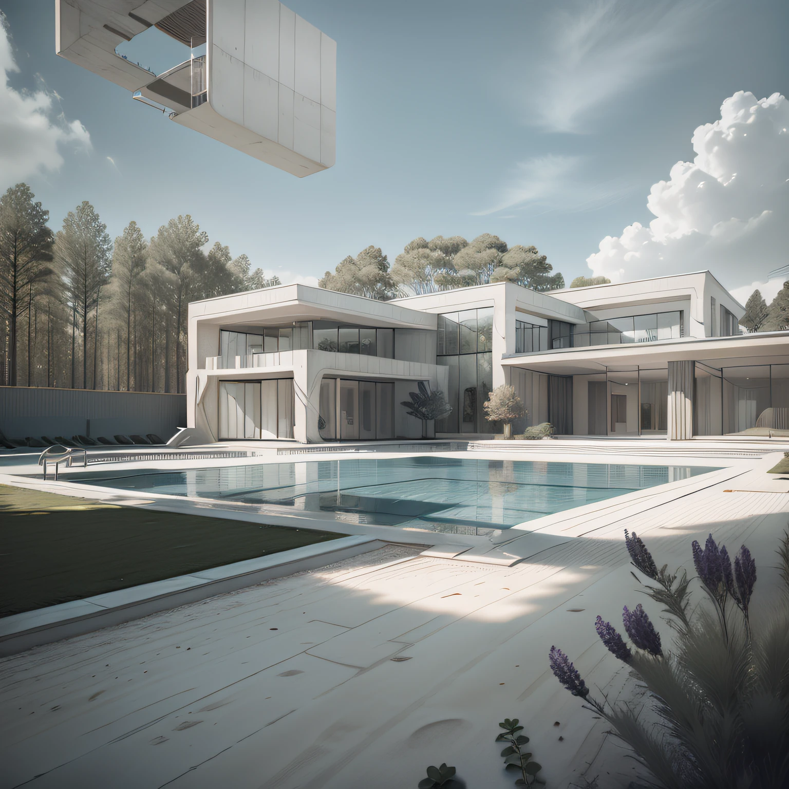 Organic modern architecture on a fairly large plot, from , there is a swimming pool in the middle of a large house of a flower, color of the house in chocolate brown and black beams, large modern residence, flat roofs and garden, render luxcore, render oktane, a photorealistic rendering, architectural rendering, mantra rendering, architectural rendering, realistic rendering, architectural visualization, wellness pool, Architectural visualization, large green zones, with small zones of lavender flowers, green shrubs type lush green garden, as well as small water mirrors, swimming pool embedded in an area of sand, olive and pine trees around the house, paddle court next to the house
