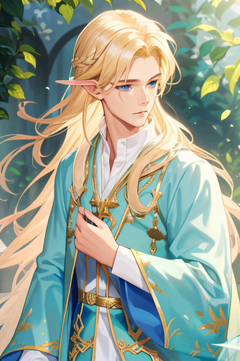 ,Need,super-fine,Semi-realistic,Meticulous facial features,1boy,blond hairbl,long whitr hair,blueneyes,Wearing exquisite fairy costumes