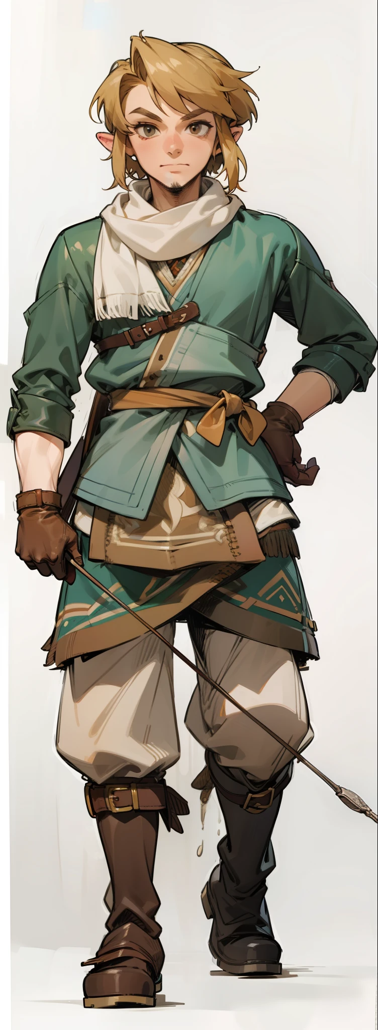 (Link:1)(Warrior:1), (adult man:1.33), standing, full body, leather boots, beige pants, gloves , (narrow eyebrows:0.33), (confident:1.6), (smiling:0.6), (clenching fists:0.33), scarf, holding riding crop, (evil:0.2),