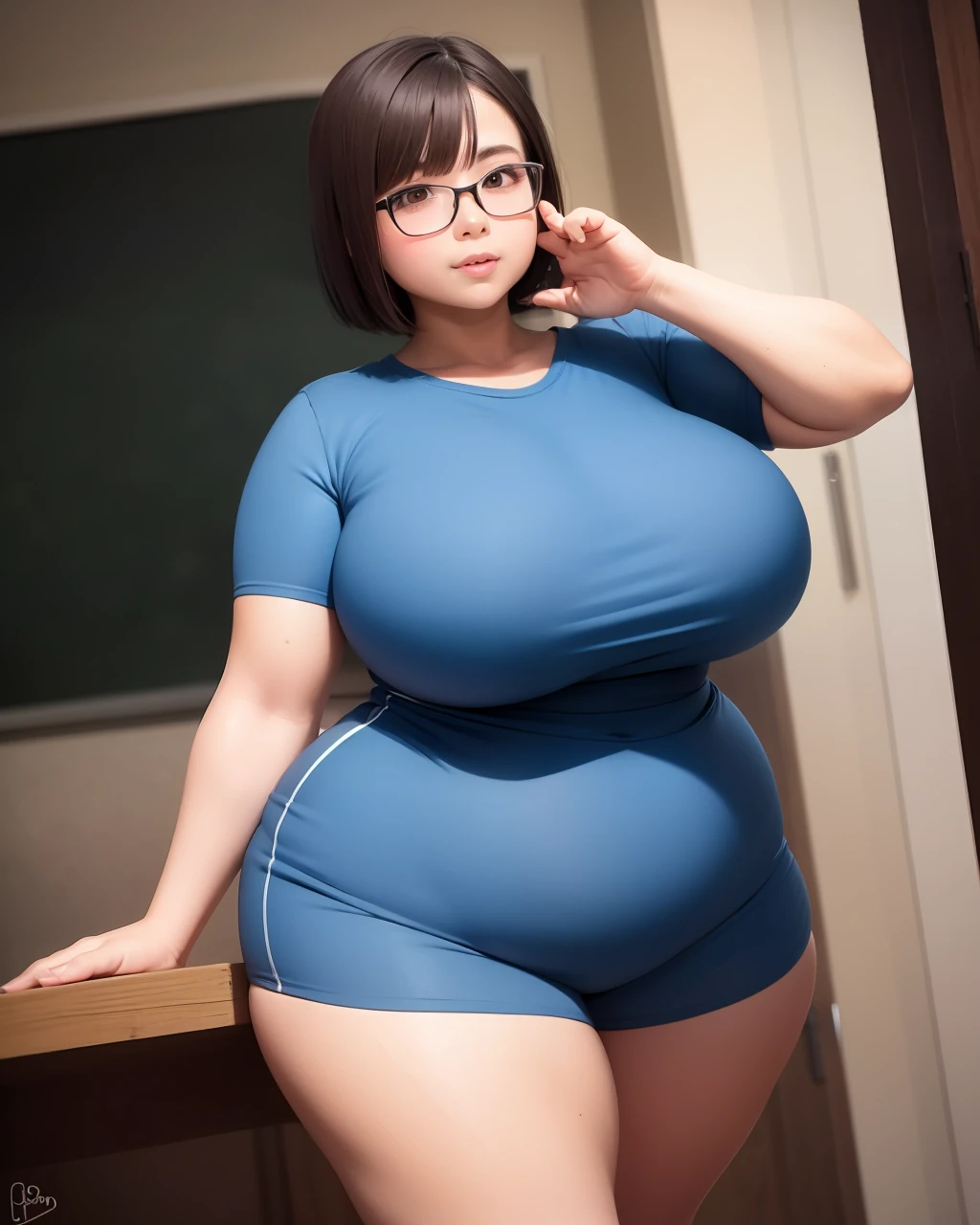 Short hair，wears glasses，Girl with thick fat chunky physique，boy