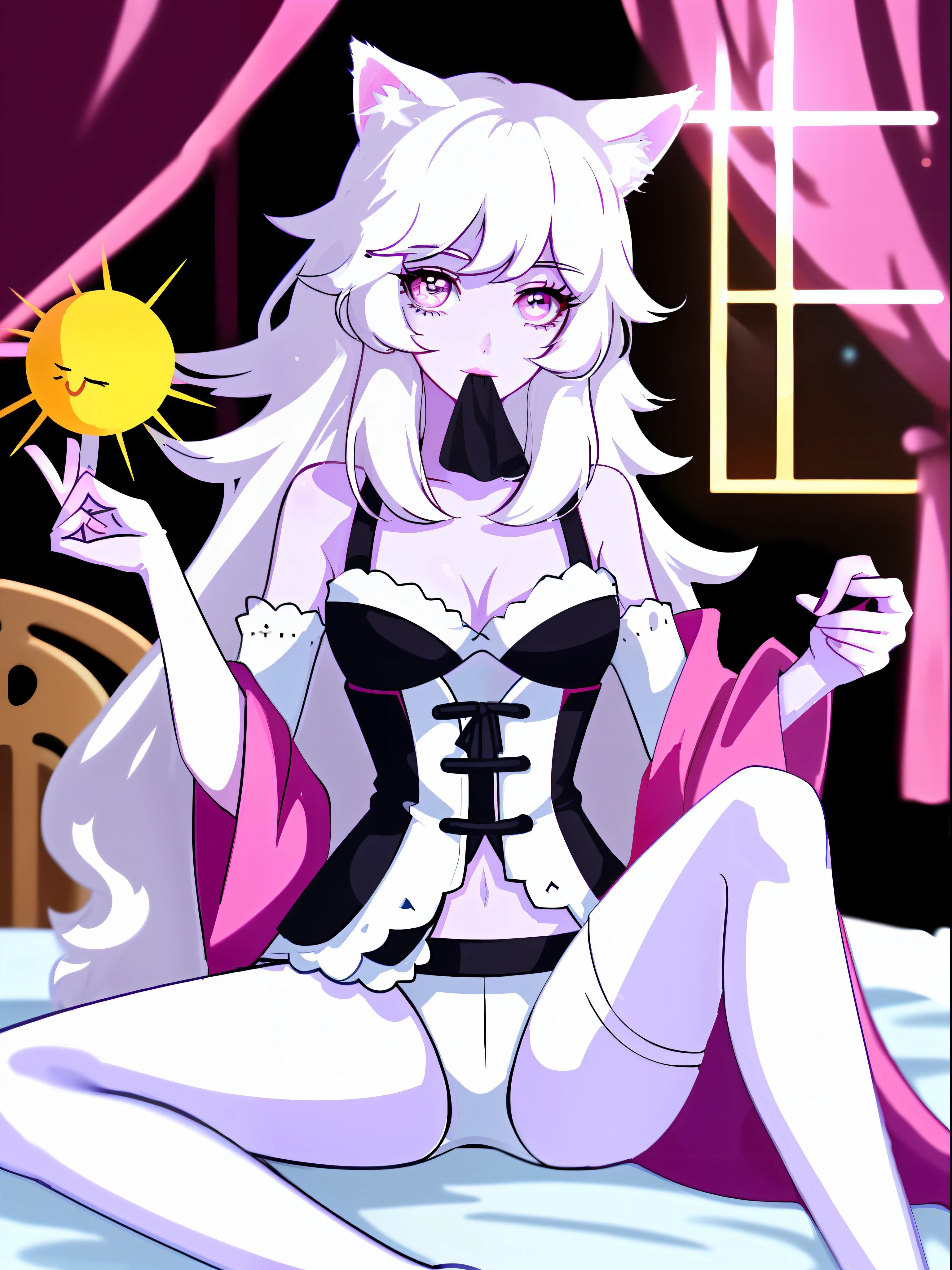 Wear very little,White fluffy hair,Pink lips,Feminine eyes,Fair skin,D-cups,Sexual organs are faintly visible,Spread your legs,White legs can be seen,Mushroom-shaped plastic toy in his mouth,,Wearing cat ears,Overlooking,Look at you affectionately,Sun-drenched queen bedroom