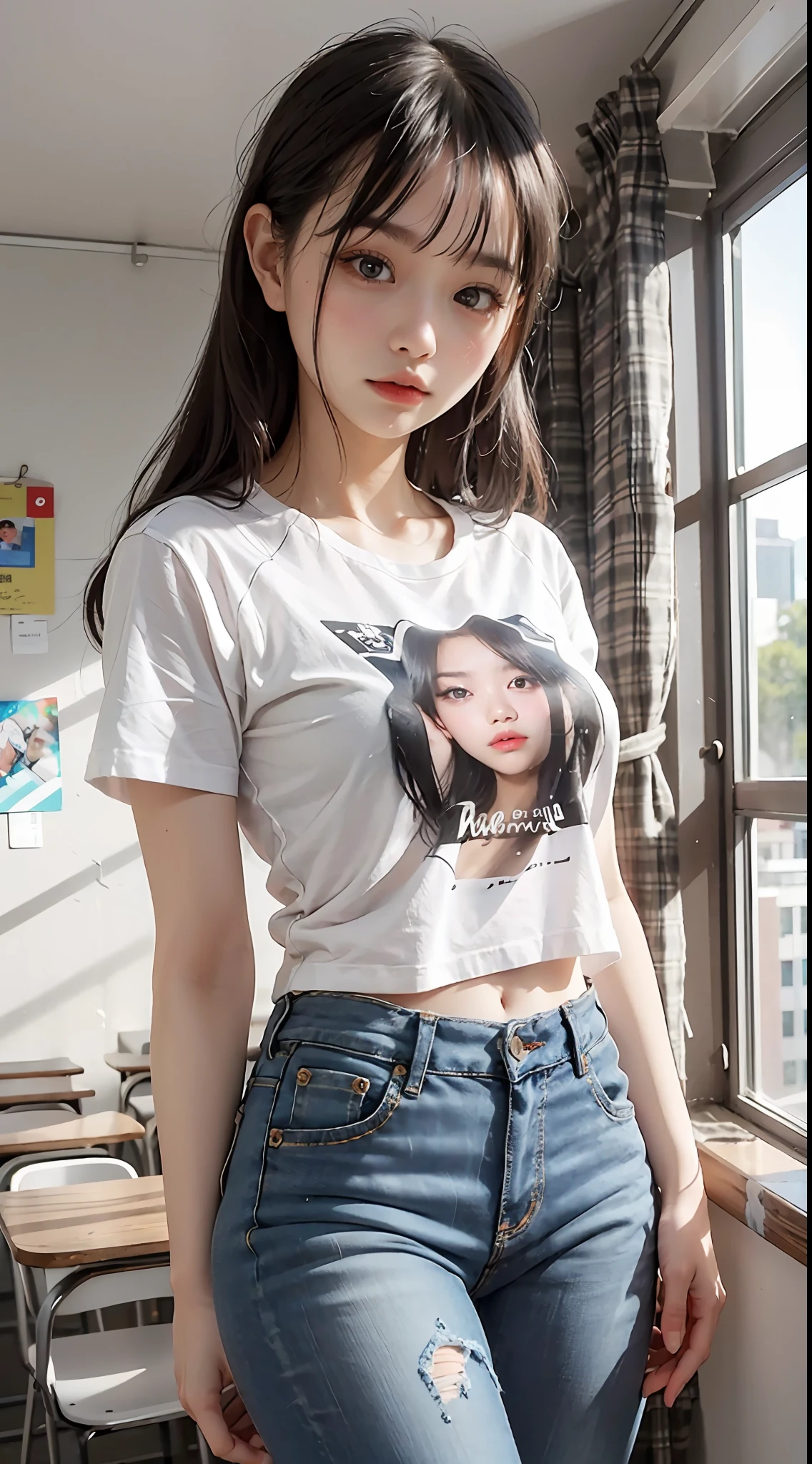 Two，25-year-old little beauty，small heads）Wear a white T-shirt printed with a translucent pattern，wearing a denim pants，Full body photo，Close-up shot，messy hair style，蝴蝶结🎀背景大街，‎Classroom，Standing and posing，Slim figure，Small lips，mature