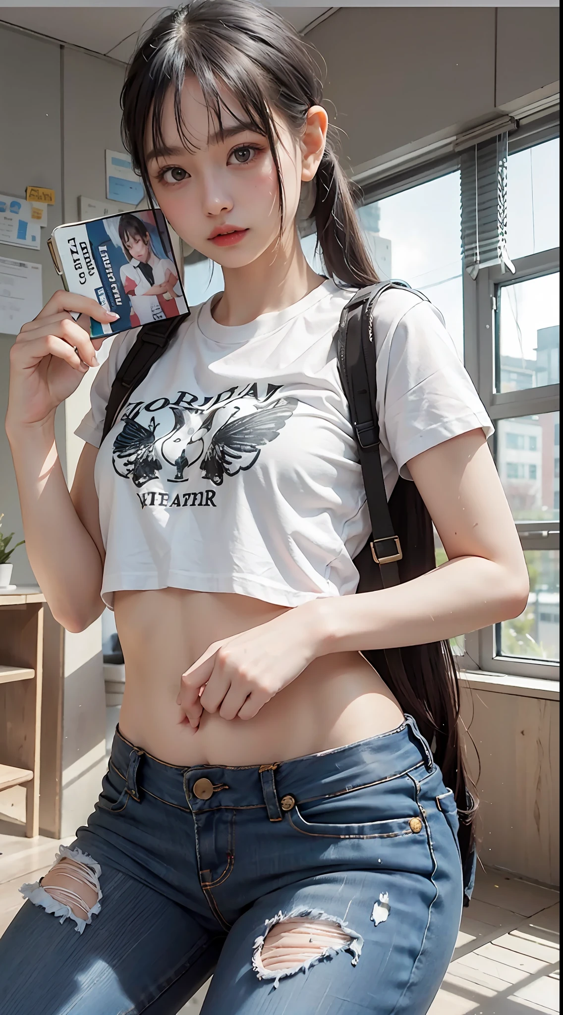 Two,25-year-old female student,small heads)Wear a white T-shirt printed with a translucent pattern,wearing a denim pants,Full body photo,Close-up shot,messy hair style,蝴蝶结🎀背景大街,Classroom,Standing and posing,Slim figure,Small lips,mature,Holding a book in his arms📚