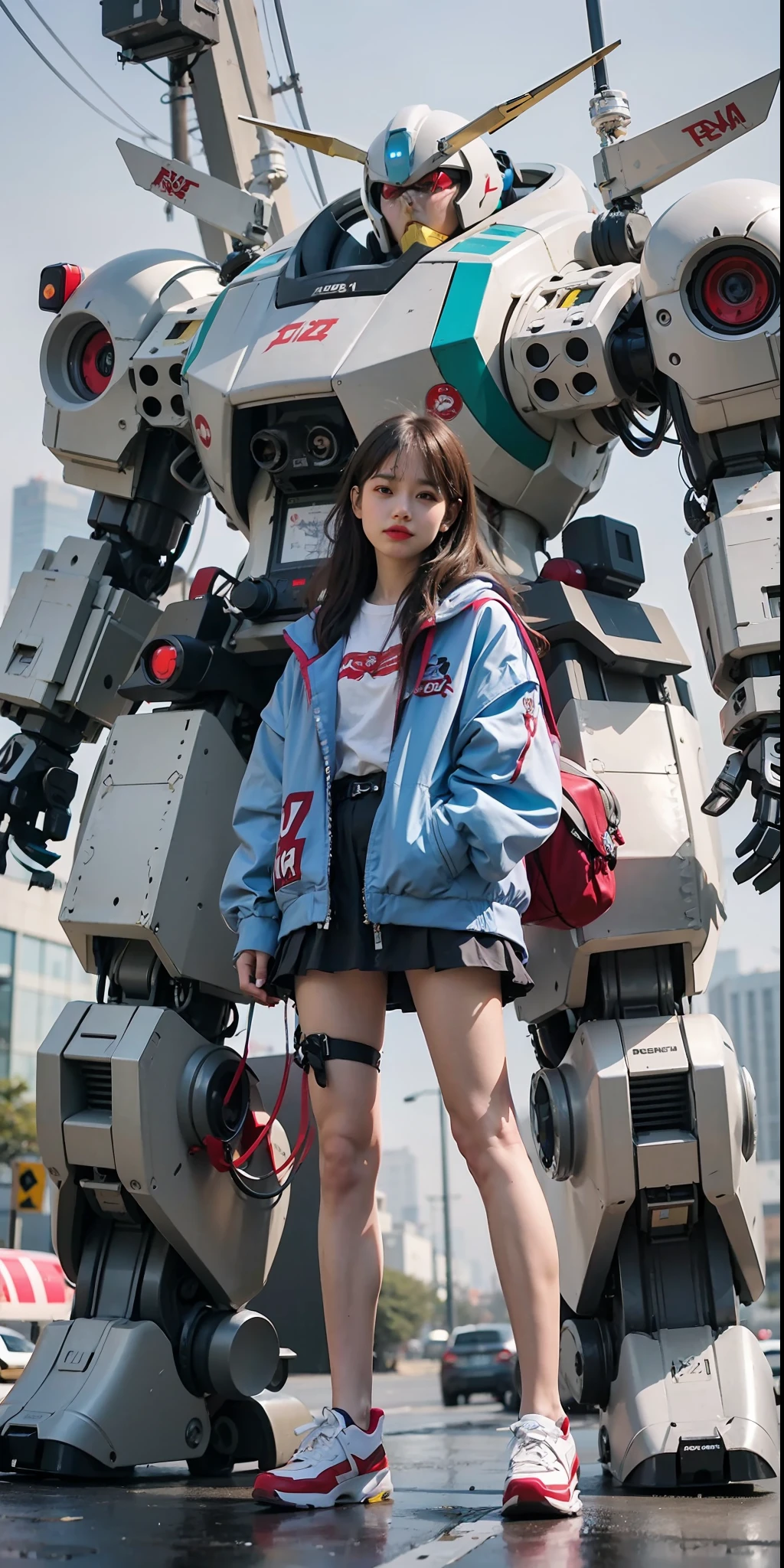 Arad woman standing in front of a giant robot statue, anime mecha aesthetic, wearing cyberpunk streetwear, cyberpunk streetwear, mecha asthetic, cool mecha style, ethereal and mecha theme, anime robotic mixed with organic, E-Girl, e - girl, japanese streetwear, gundam style, Anime manga robot!! Anime girl, cyber future jacket