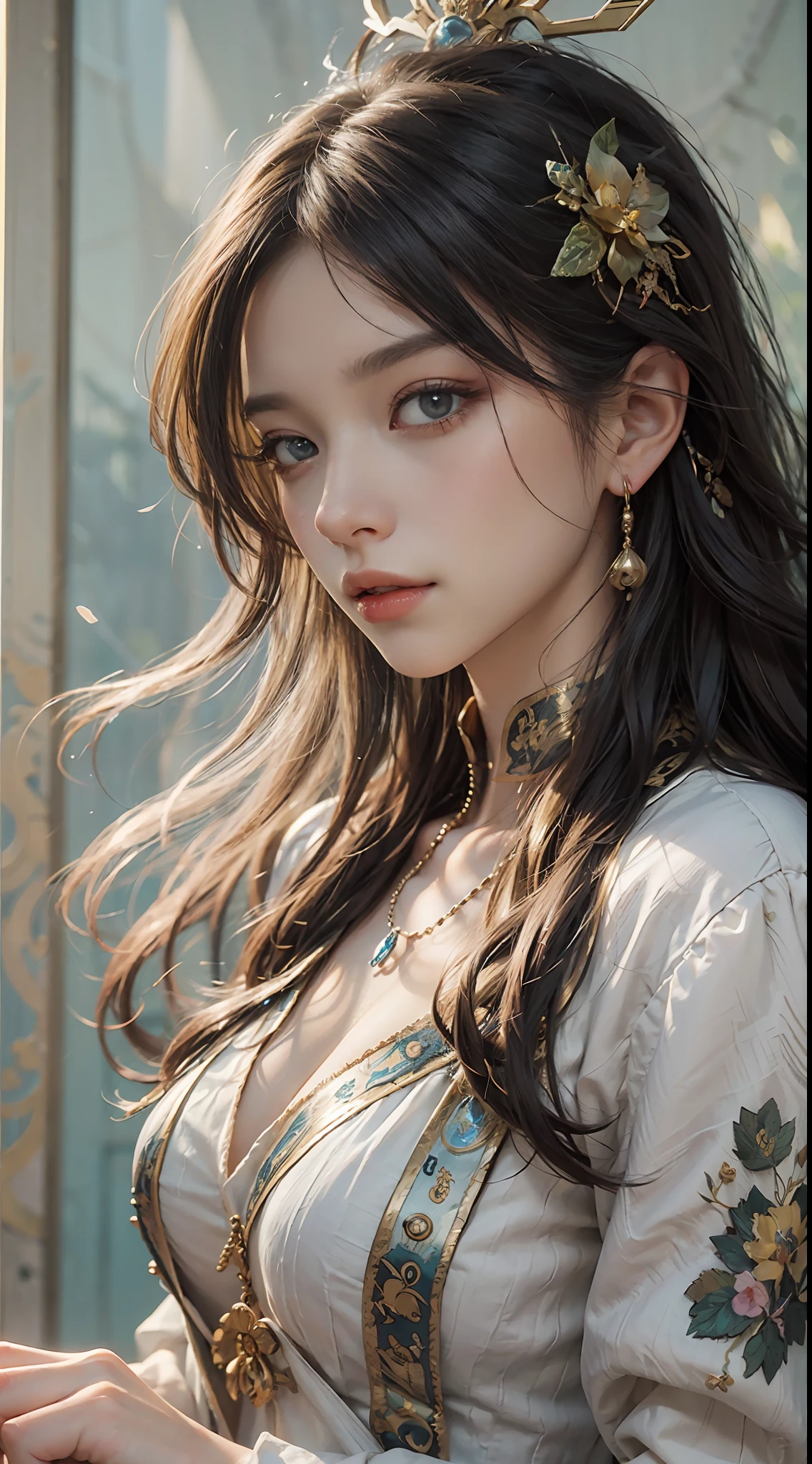 High quality, masterpiece, masterpiece, exquisite facial features, exquisite hair, exquisite eyes, exquisite color hair, 4K picture quality, gorgeous light and shadow, Tyndall effect, halo, messy hair, young state, gorgeous scene, exquisite clothes, chains, feathers, ancient chinese beauty with big eyes very detailed, digital painting, artstation, concept art, sharp focus, illustration, art by greg rutkowski and alphonse mucha and victo ngai