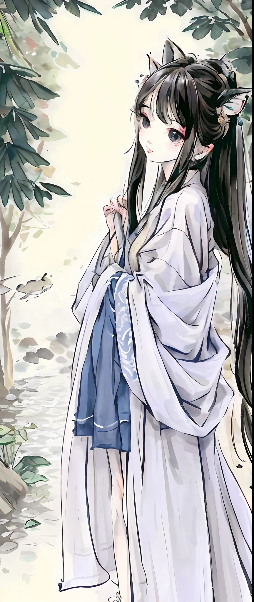 ((4k,masterpiece,best quality)), shuimobysim, Chinese painting, lotus, hanfu, maxiskit, dressed conservative 1 girl, solo, white hair, long hair, fox ears, white, bikini, fish, many fish close to the girl, looking at the audience, teasing