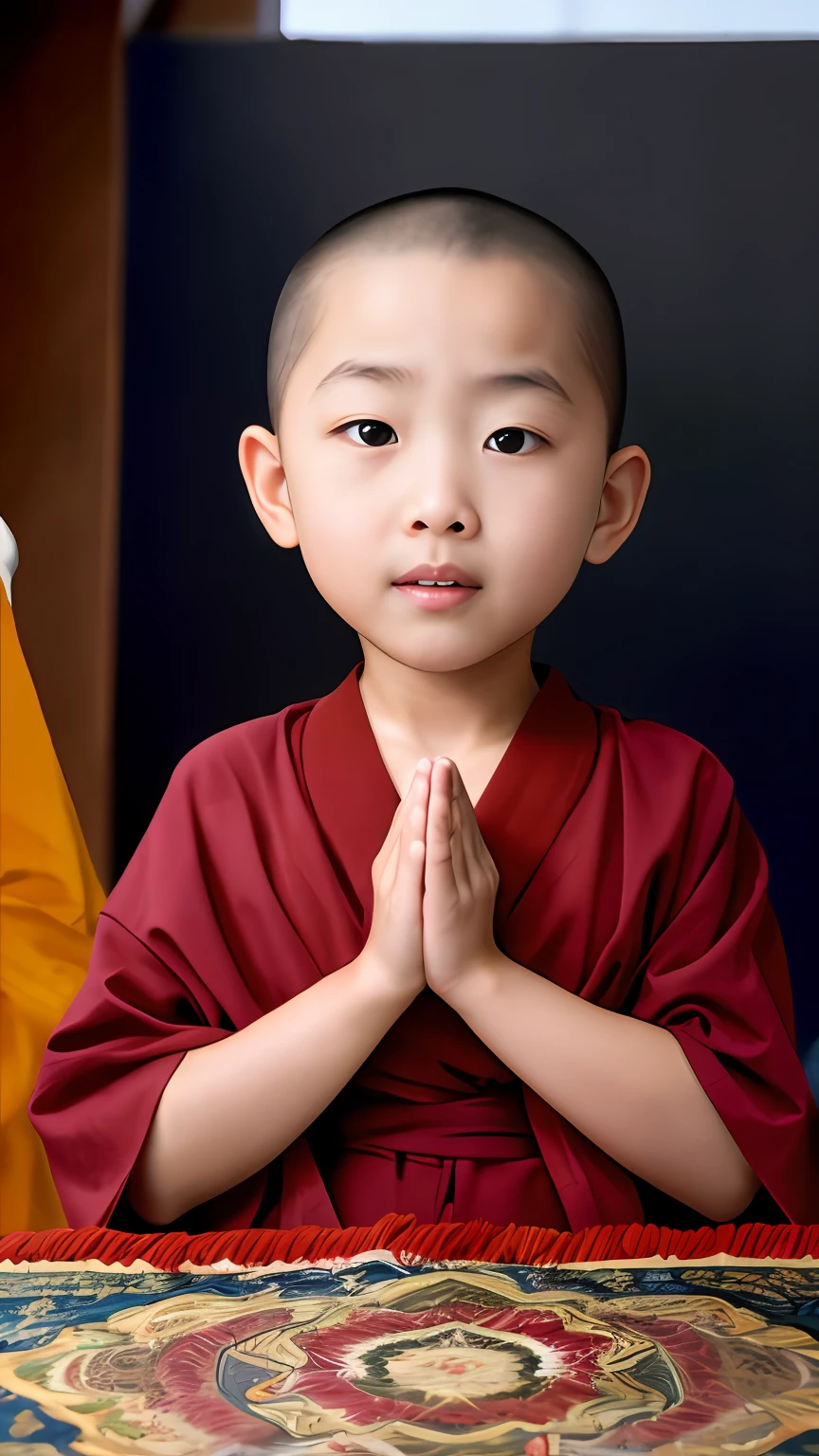 The Alafard child in a red robe is praying, Buddhist, portrait shooting, jaeyeon nam, buddhist monk, little boy wearing nun outfit, close up portrait shot, blessing hand, kiddy big breasts, monk clothes, portrait of monk, Serene expression, Close portrait, Shin Jung-ho, Children, children's, monk meditation, close up portrait shot, prayer meditation