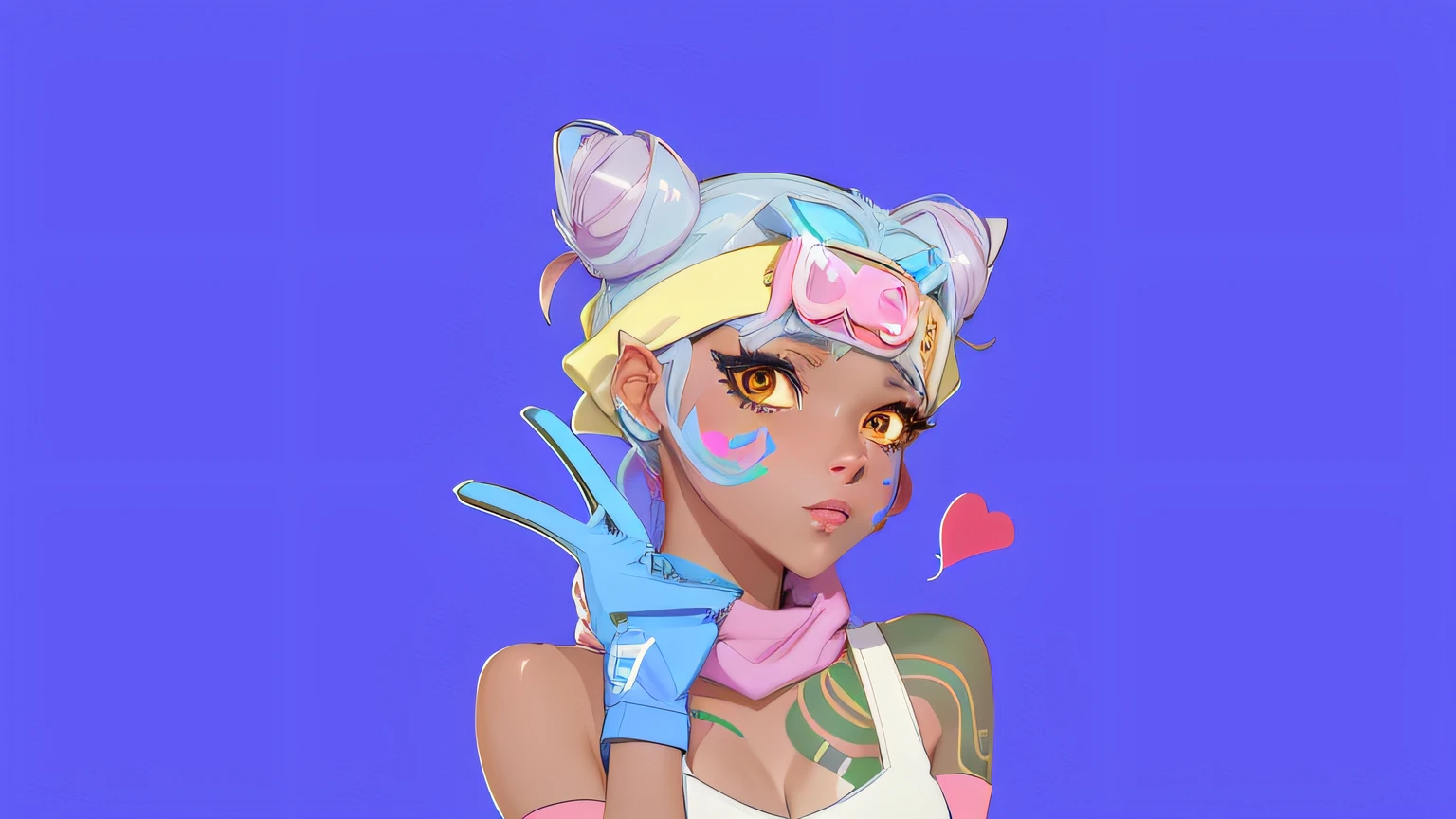 Anime girl with pink heart shape and blue background, 2 d anime style, from overwatch, lucio as a woman, trigger anime artstyle, kda, anime vibes, as an overwatch character, seagulls, High-quality fanart, echo from overwatch, negao, portrait of jinx from arcane, jinx expression, anime style character, clean artstyle，Add another character to the map