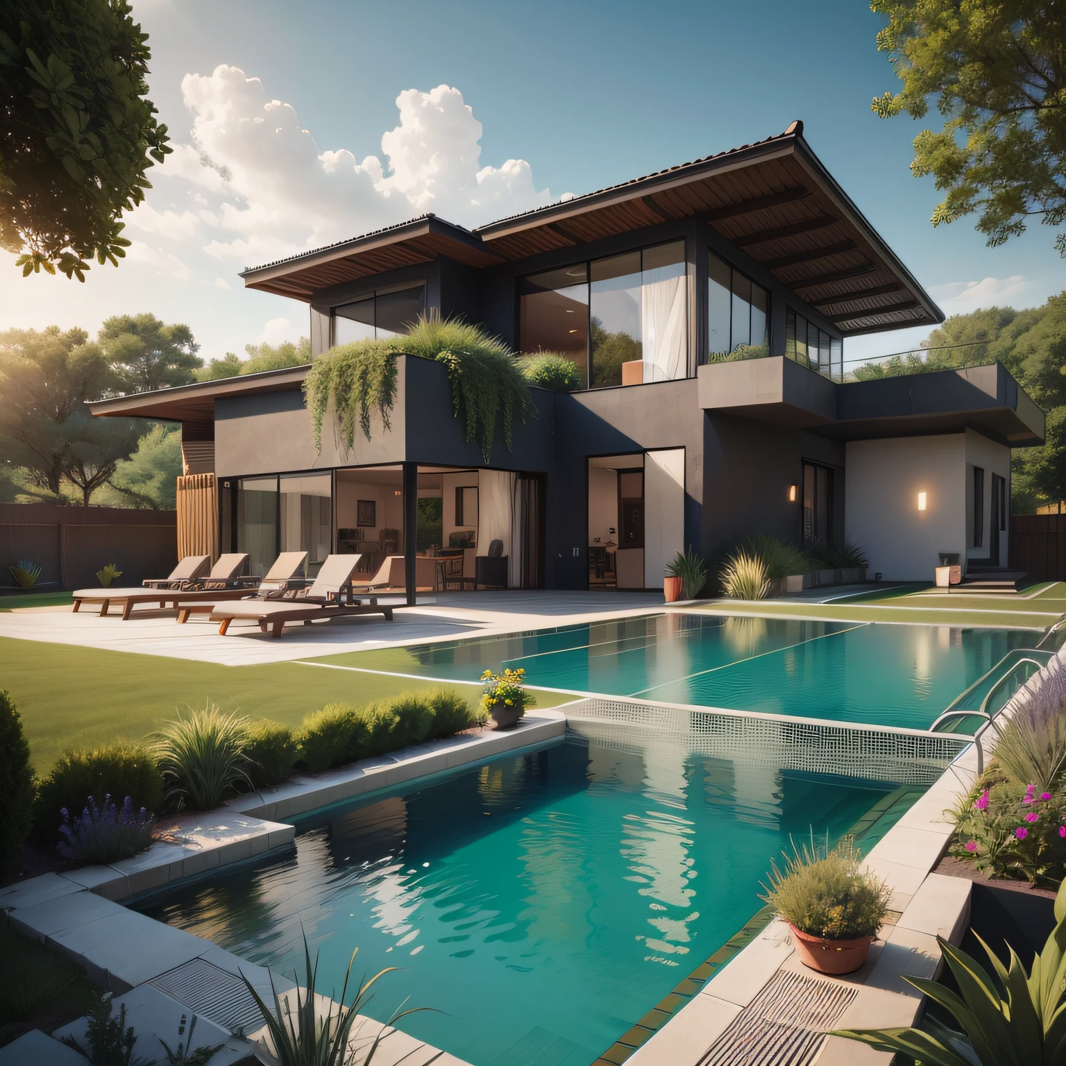 Organic modern architecture on a fairly large plot, from , there is a swimming pool in the middle of a large house of a flower, color of the house in chocolate brown and black beams, large modern residence, flat roofs and garden, render luxcore, render oktane, a photorealistic rendering, architectural rendering, mantra rendering, architectural rendering, realistic rendering, architectural visualization, wellness pool, Architectural visualization, large green zones, with small zones of lavender flowers, green shrubs type lush green garden, as well as small water mirrors, swimming pool embedded in an area of sand, olive and pine trees around the house, paddle court next to the house