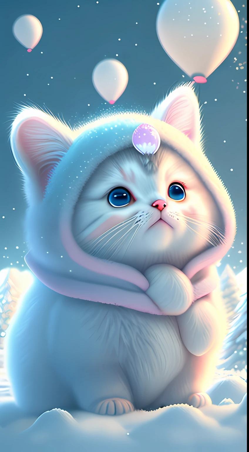 In this ultra-detailed CG art，Cute kittens surrounded by ethereal balloons，laughingly，blingbling，Best quality at best，A high resolution，Complicated details，fanciful，cute animal，Funny，Open-mouthed！！！，laughingly！！
