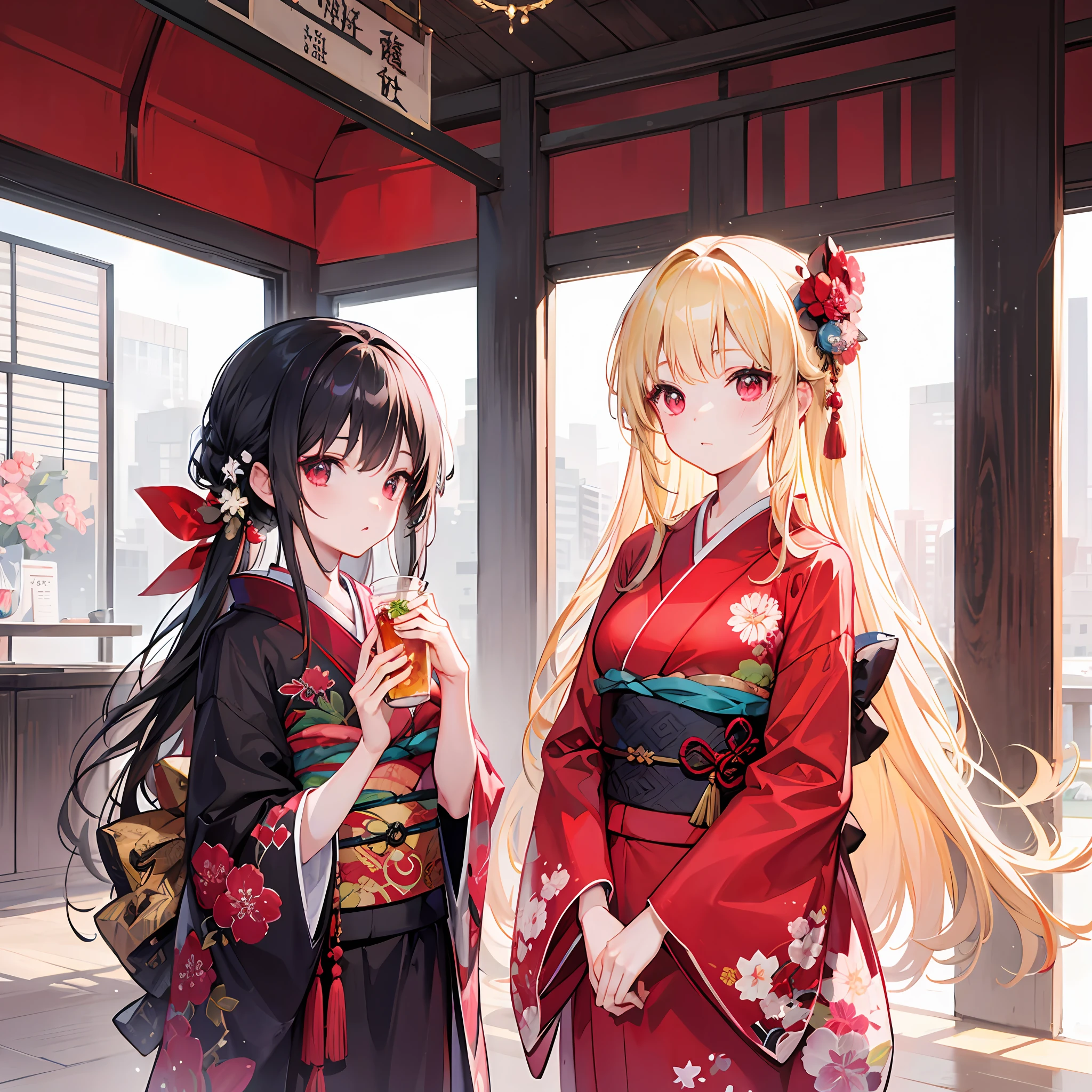 One blonde girl、red eyes、Red kimono