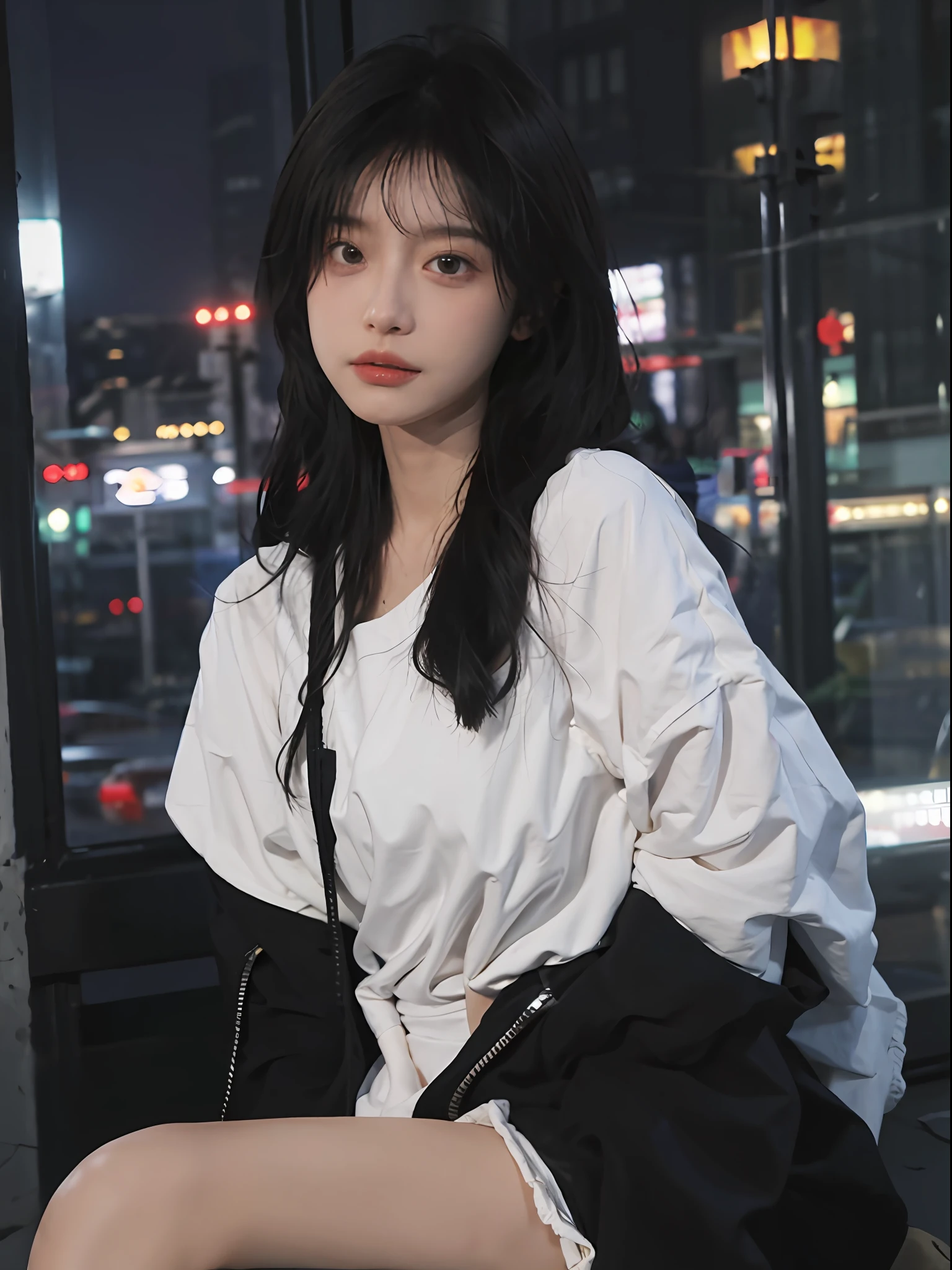 best qualtiy,tmasterpiece,超高分辨率,(true to life:1.4),1girll,Raised sexy,(Open black coat),(Black and white bandeau top:1.5),Black and white bandeau top,(Black pantsuit),(Night atmosphere:1.5), Glowing skin,A detailed eye, 二重まぶた,long whitr hair,White skin of the,Sitting charmingly on a tall building, Upper body photo