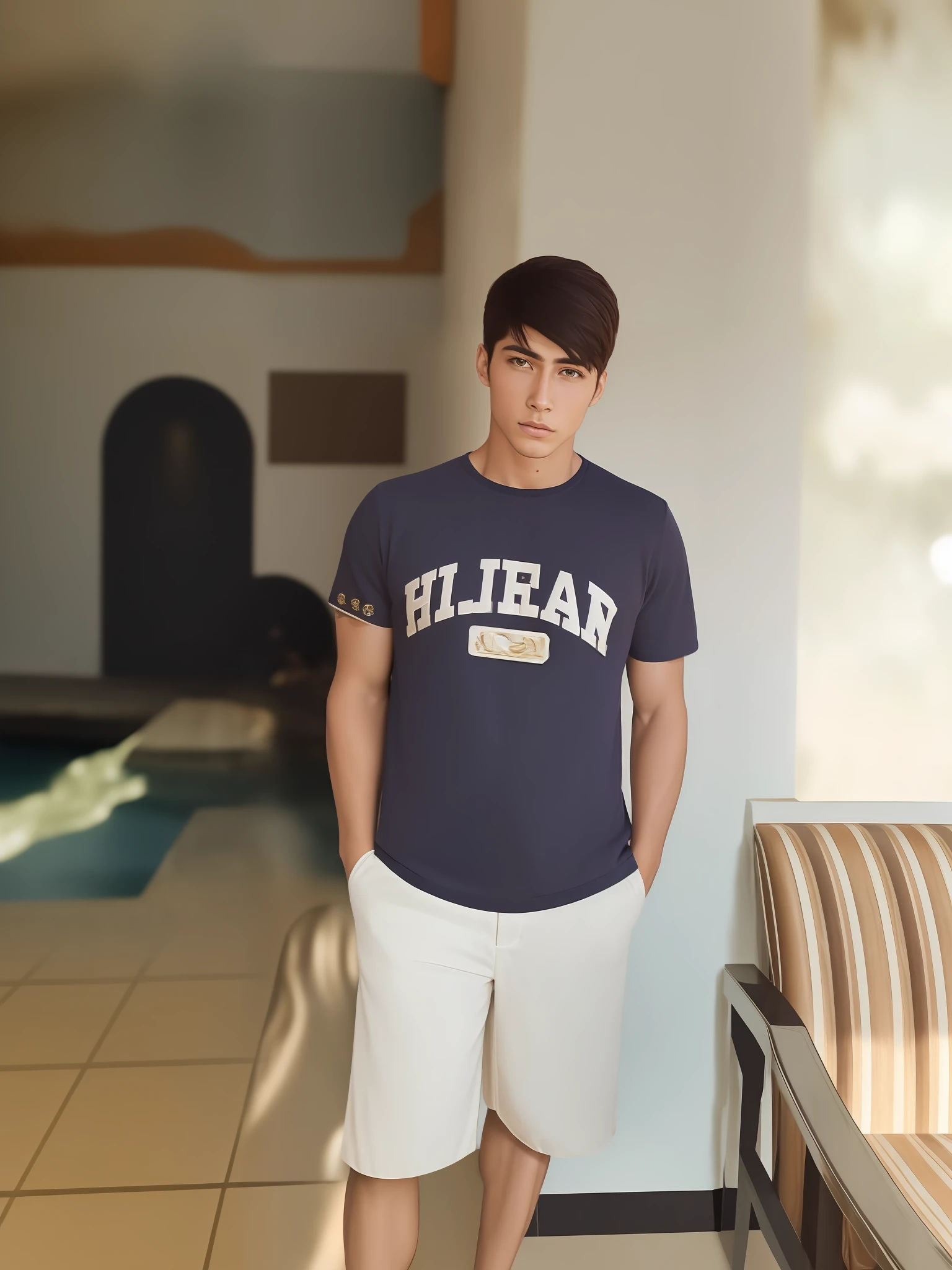fking_scifi, fking_scifi_v2, portrait of a young, muscular extremely handsome and attractive Brazilian male model, in front of a waterfall, short windy hair, hairy tattooed body, colorful clothing and golden jewelry, close up, regal pose and attitude. fking_cinema_v2.