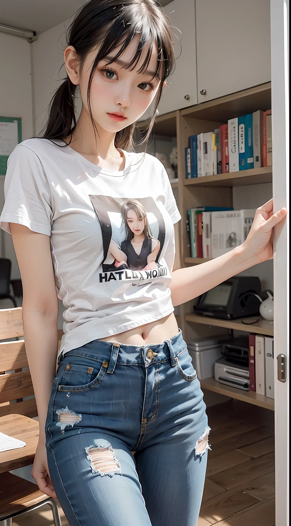 Two,25-year-old little beauty,small heads)Wear a white T-shirt printed with a translucent pattern,wearing a denim pants,Full body photo,Close-up shot,messy hair style,蝴蝶结🎀背景大街,Classroom,Standing and posing,Slim figure,Small lips,mature,Holding a book in his arms📚