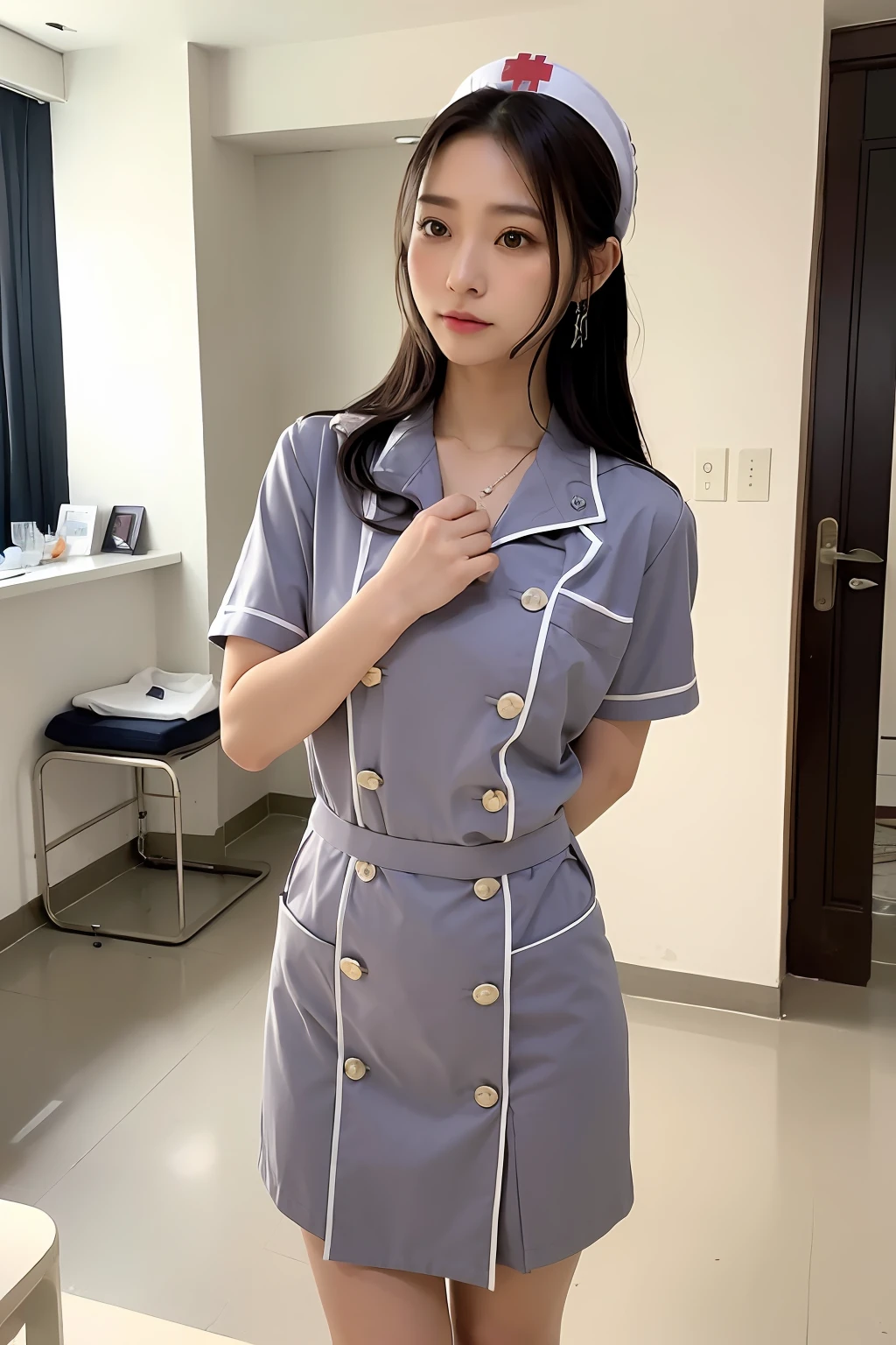 ((((Nurse、Take care of uniforms、))))、((top-quality、8K、​masterpiece:1.3))、1girl in、sideshot:1.2、Beautiful Burmese woman with slender abs:1.3、(Casual Hairstyles、Colossal tits:1.2)、The bikini、in a house、Super Detailed Face、detailedeyes、二重まぶた、full body Esbian