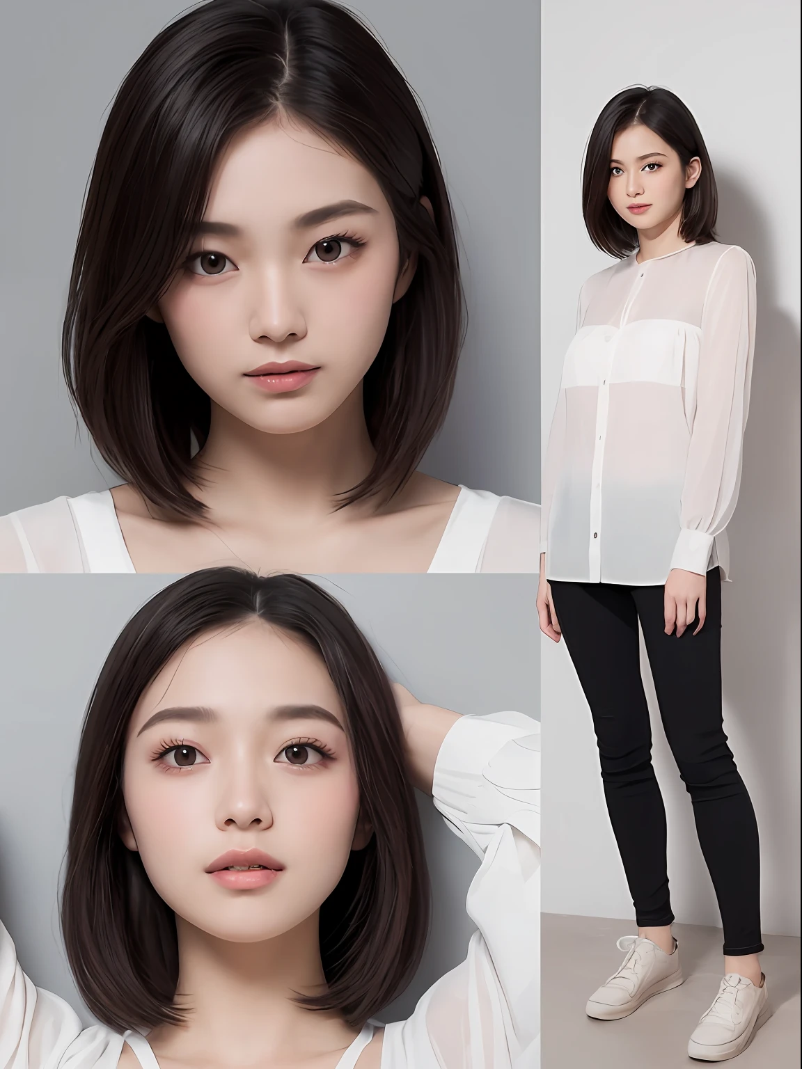 (in 8K, top-quality, a masterpiece of:1.2), (realisitic, Photorealsitic:1.37), ultra-detailliert, small 、Skinny face、de pele branca、A Japanese Lady,cute little, Narrow slit eyes、Small eyes、Small, Narrow eyes、30-years old,独奏,Nasal blush、A smile、a closed mouth、tiny chest、Delicate body、Black eyes、beatiful detailed eyes、Single eyelid、poneyTail、A dark-haired 、short cut hair、fullllbody、Skinny Legs、see -through、White blouse