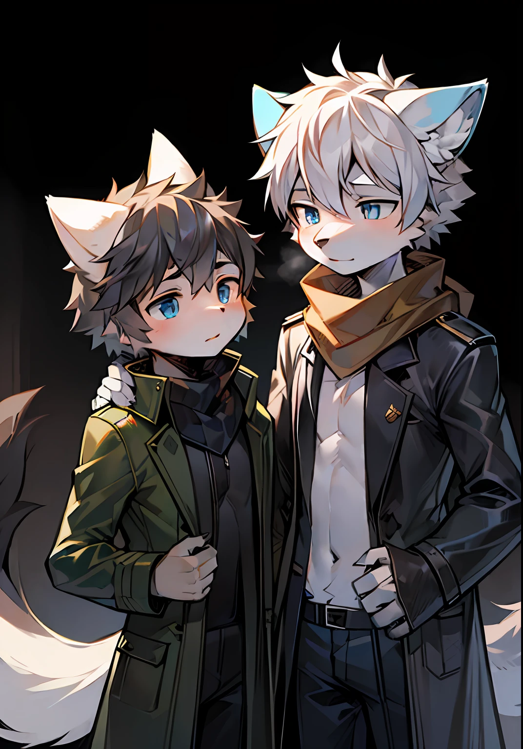 1boy,(high-definition quality,Masterpiece level),Fresh teenage characters,Wolf ears and wolf tail highlight the character's sense of belonging,Blue eyes and dark gray hair colors echo each other,The clean lines of the white-gray military trench coat show the character's modesty and confidence,Brown scarf,Seems to be ready to go。The whole picture is simple and atmospheric,The high cold temperament is respectful。without background,Blank screen,Slightly toned, k hd,tmasterpiece, white backgrounid,Dark gray hair, eBlue eyes,(Wolf ears),(Wolf tail),Slim white-gray military trench coat,Brown scarf,One tail,little boy,covering ears,hair covering ears
