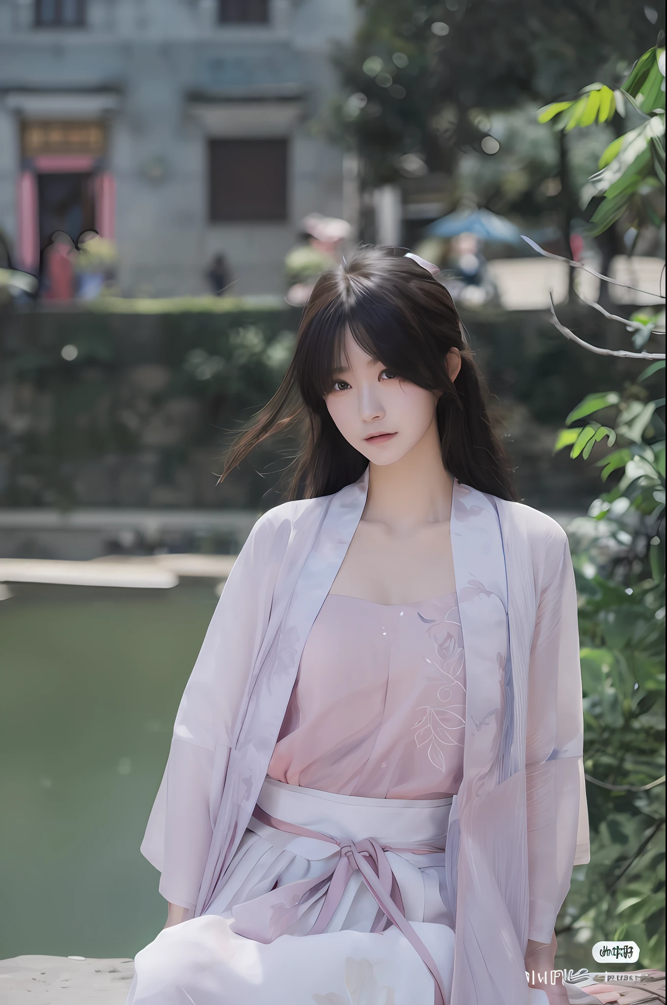 Arafeld Asian woman sitting on stone sill in pink dress, pale and coloured kimono, Hanfu, White Hanfu, Palace ， A girl in Hanfu, with acient chinese clothes, dressed with long fluent clothes, Traditional Chinese clothing, flowing sakura-colored silk, komono, Wearing ancient Chinese clothes, inspired by Ma Yuanyu