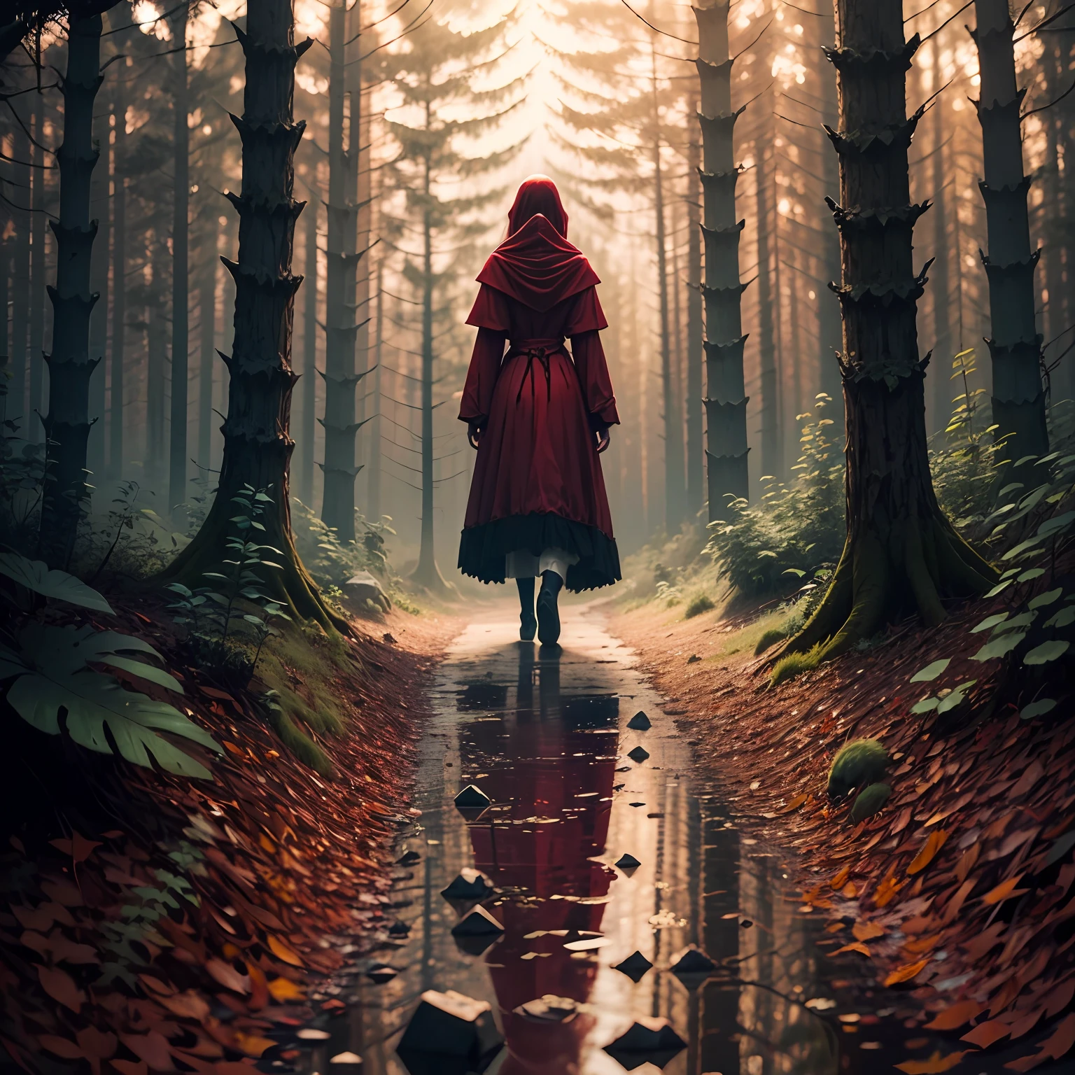 unholy,terroral,Ghastly,at a forest,The female ghost in red,The female ghost in red in the distance