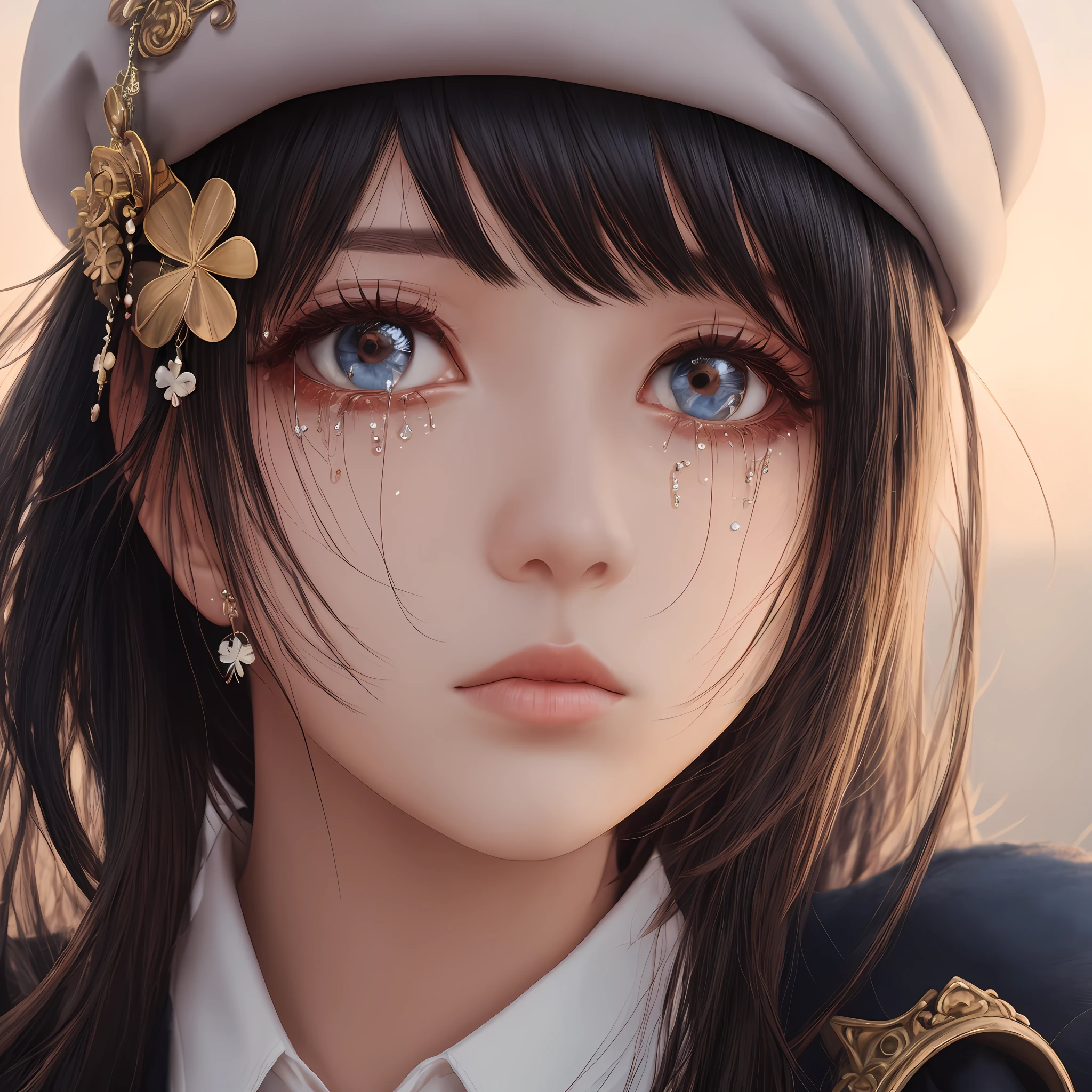 black hair, multicolored hair, beret, bell, clover hair ornament, forehead jewel, hair bobbles, tears, mole under eye, tearing up, Surrealism, Romanticism, Romanticism, Fujicolor, 8k, super detail, UHD, masterpiece, super detail, highres --auto