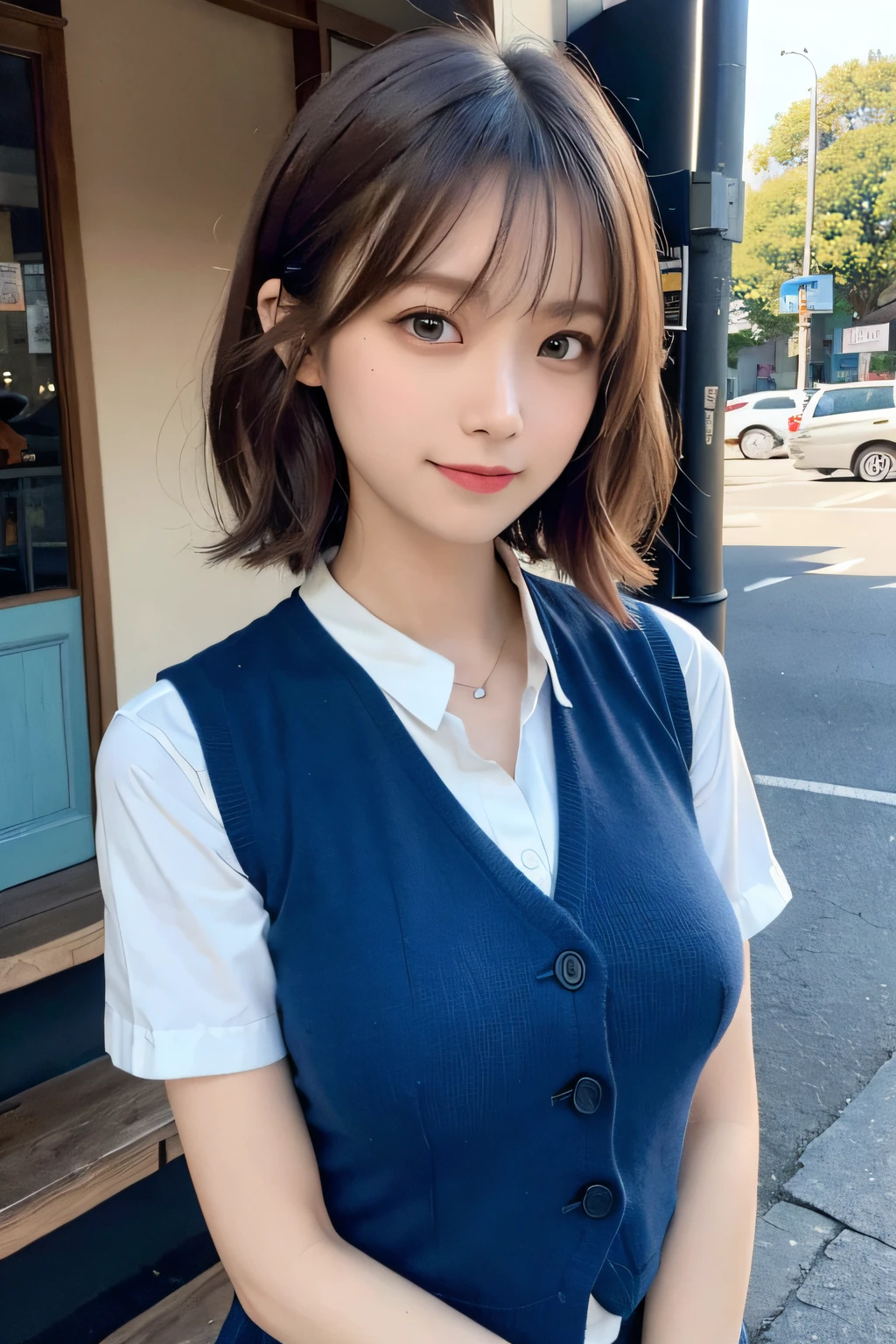 (((Medium hair))), Top Quality, 8K, HDR, Hi-Res, Absurdity: 1.2, Photography, (RAW Photos: 1.2), (Photorealistic: 1.4), (Masterpiece: 1.3), (Complex Details: 1.2), 1 Girl, Solo, Japan girls, Delicate and beautiful details, (Detailed eyes), (Detailed facial features), Petite, (Small breasts))), Toned Skin, ( looking_at_viewer), from_front, (Skinny), (Best Quality: 1.4), (Ultra High Definition: 1.2), Cinemalite, (Extreme Detail Illustration), (Lip Gloss, Best Quality, Ultra High Resolution, Depth of Field, Caustics, Broad Lighting, Natural Shading, 85mm, f / 1.4, ISO 200, 1/160 sec: 0.75), 1 girl, solo, ((blue vest))) smile, uniform, necklace, fashionable café: 1.3, black neat and clean clothes, Nogizaka idol, gravure idol, beauty