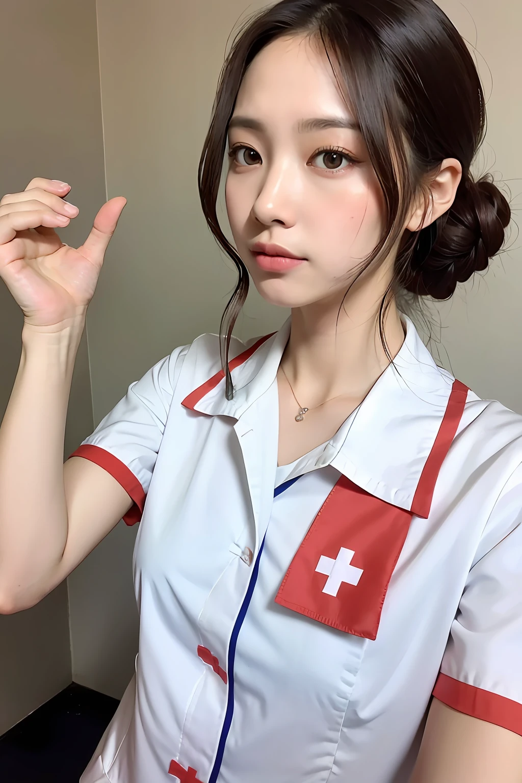 ((((Nurse、Take care of uniforms、))))、((top-quality、8k、​masterpiece:1.3))、1girl in、sideshot:1.2、Beautiful Burmese woman with slender abs:1.3、(Casual Hairstyles、huge tit:1.2)、The bikini、inside the house、Super detailed face、detailedeyes、二重まぶた、full bodyesbian