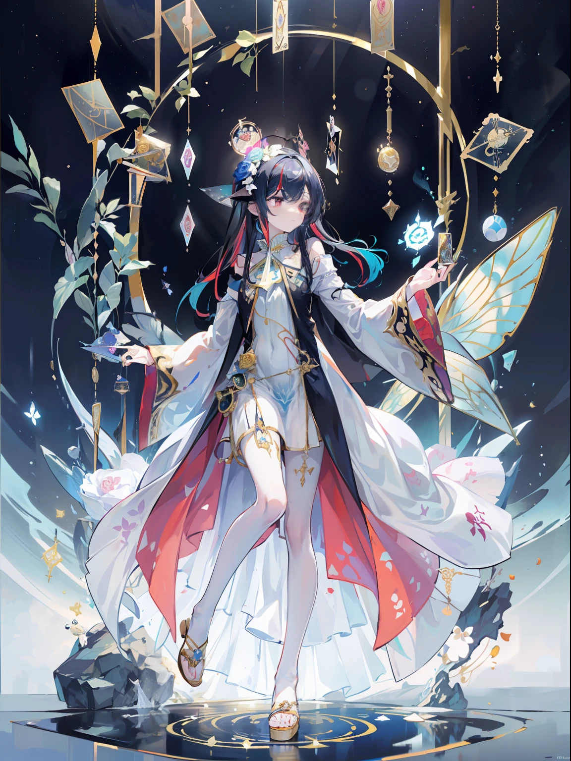 (Golden Ratio: 1.2),(Rose Graffiti:1.2),(Fault Color:1.3),[(White:1.4)::10],(Full-body:1.2),(Ultra Detail:1.3),(Tarot:1.6),(Magician:1.6),(Magician: Tarot): 1.6), (Paper: 1.2), (Fairy: 1.6), (Fairy Wings: 1.2), Full body, standing in the air, (Cool: 1.2), (Red Long Hair),(Butterfly Hair Ornament),( Floral Hair Ornament: 1.0),((Sandals,Rocket)),(Colorful Cocktail Long Dress:1.0)+ (Loose Sleeve Coat:1.3)+(Floating Colorful Tassel and Ribbon: 1.2),(White Stockings: 1.2),(Multicolored Ink Paper Flowers Growing on Face:1.2),(Colorful Flower Sea:1.3),(Chaotic Geometric Image:1.3 ), (Negative space: 0.8), (Drawing board: 1.3), (Ether Colorful Ink Flow: 1.3)