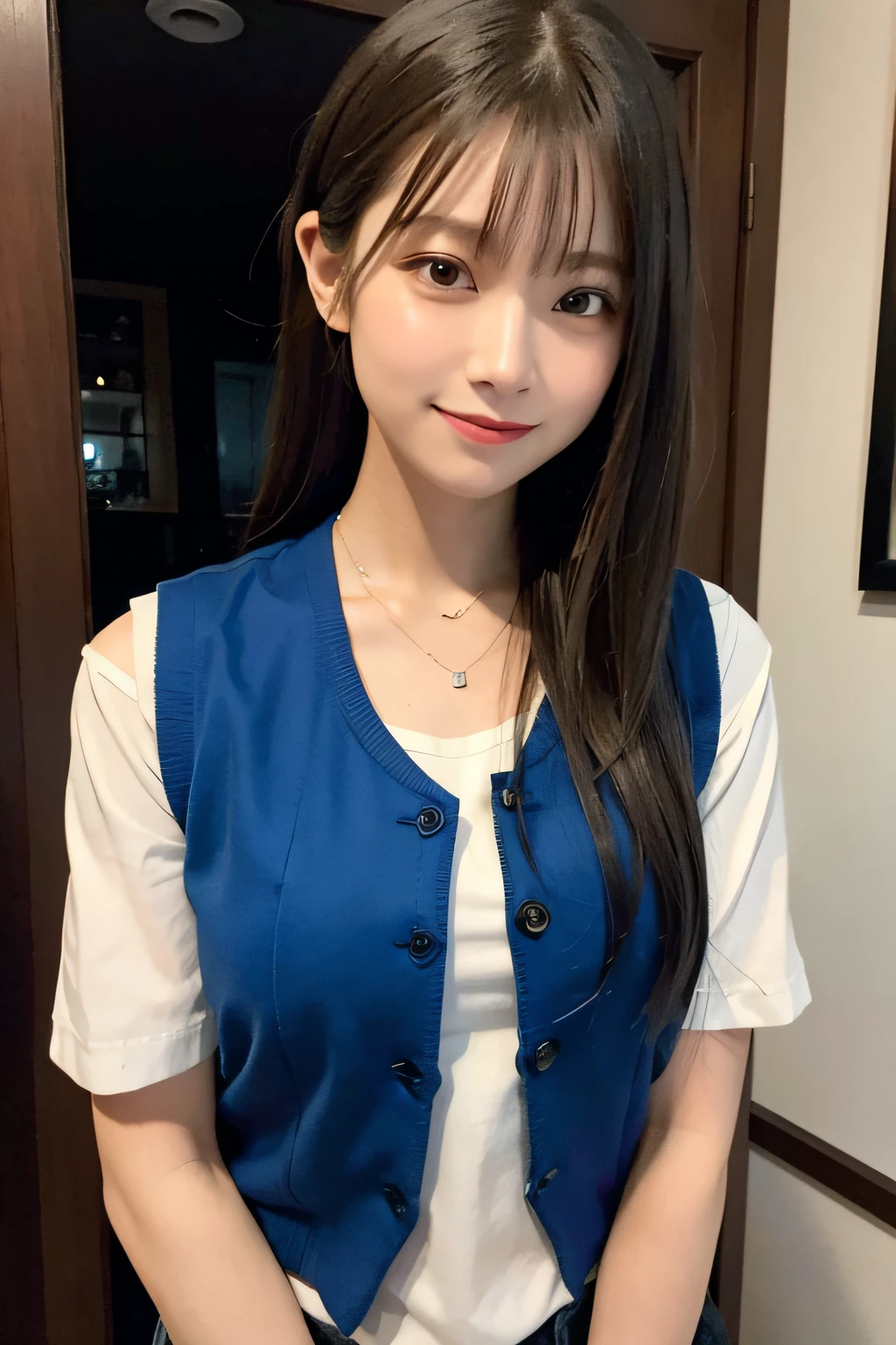 (((Medium hair))), top-quality, 8K, HDR, Hi-Res, absurderes:1.2, a picture, (RAW Photography:1.2), (Photorealsitic:1.4), (masterpiece:1.3), (intricate detailes:1.2), 1girl in, 独奏, a japanese girl, Delicate and beautiful details, (A detailed eye), (detailed facial features), 小柄, (((tiny chest))), tonned skin, (looking_at_viewer), from_front, (skiny), (top-quality:1.4), (超A high resolution:1.2), cinematric light, (Extreme detailed illustration), (lipgloss、top-quality、超A high resolution、depth of fields、Caustics、Broadlighting、Natural Shading、85mm、f / 1.4、ISO 200、1 / 160 seconds:0.75)、1girl in、独奏、((Blue Vest)))a smile、校服、a necklace、fashionable cafe:1.3、Black neat and clean clothes、乃木坂アイドル、hposing Gravure Idol、Beautie、huge tit、Breasts are protruding、valley