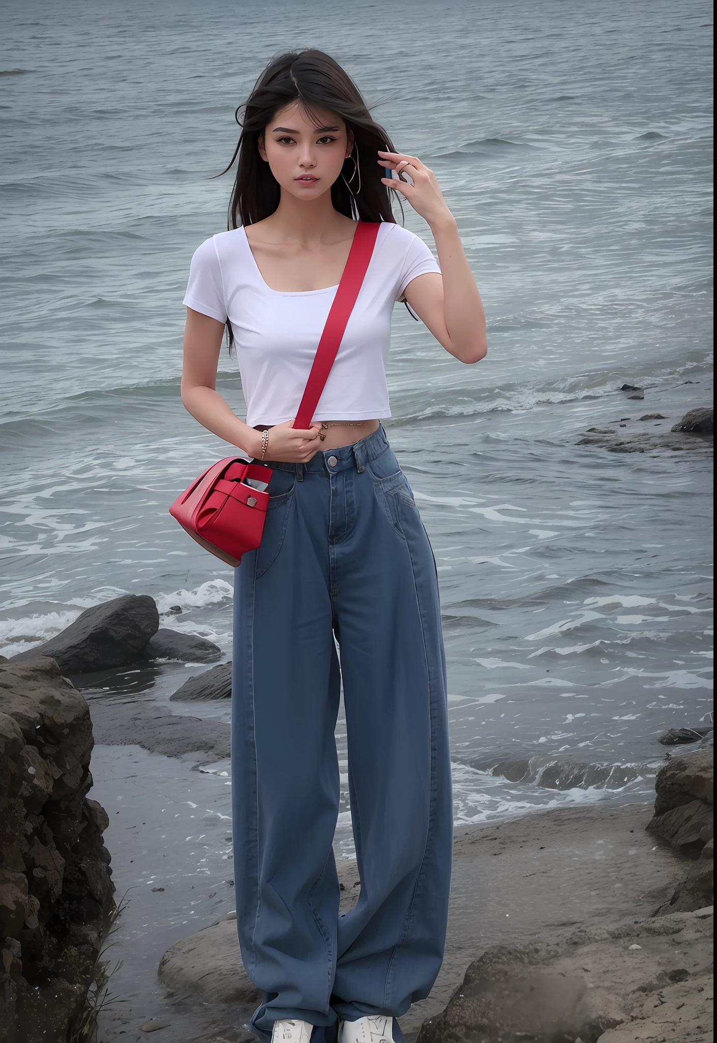 The Alatei woman stands on a rock by the sea,Holding a red purse, Red vest and blue wide pants, baggy jeans, with ripped crop t - shirt, Blue trousers and red shoes, skinny waist and thick hips, bag over the waist, casual clothing style, dilraba dilmurat, 🤬 🤮 💕 🎀, jeans and t shirt