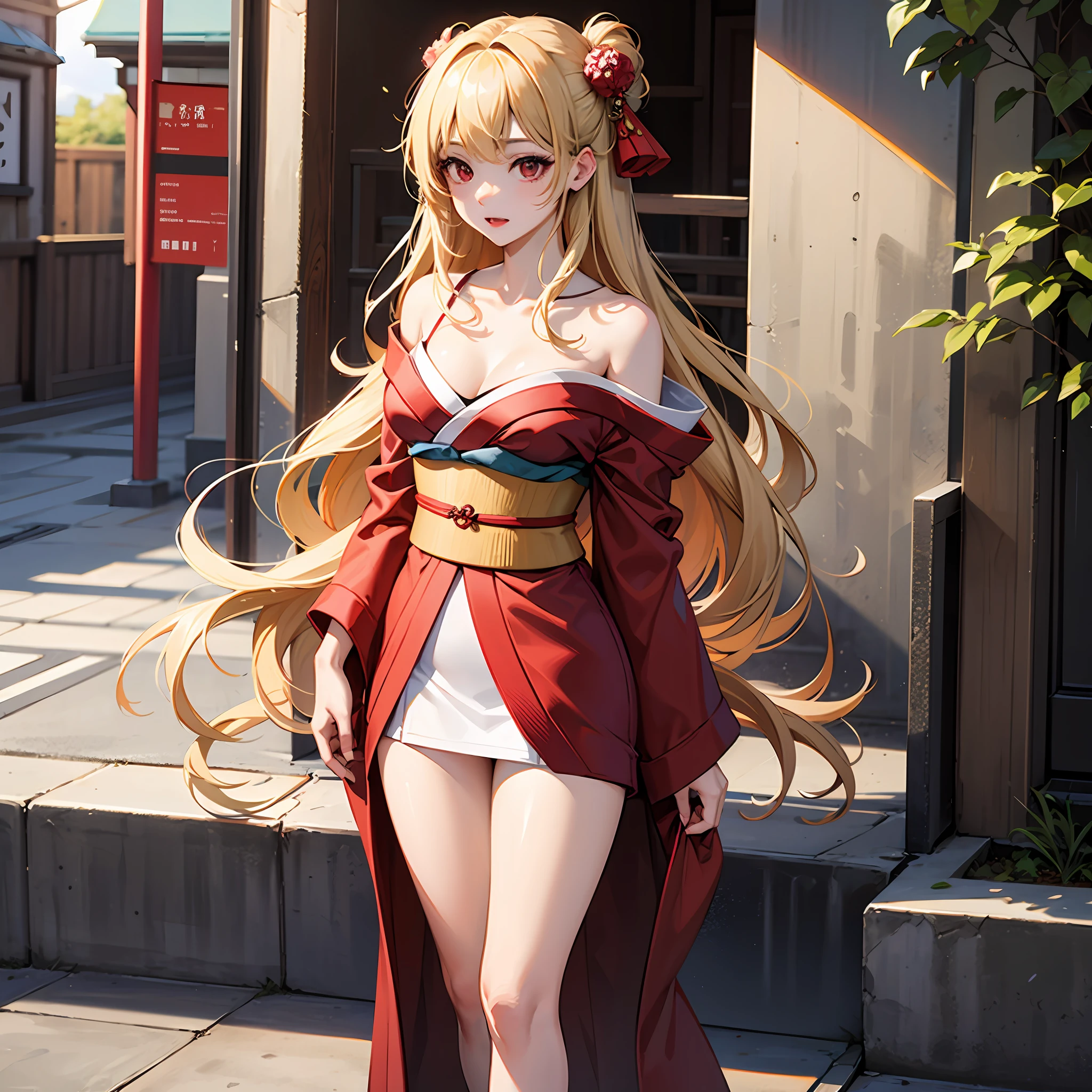One blonde girl、red eyes、Bright red kimono、off shoulders