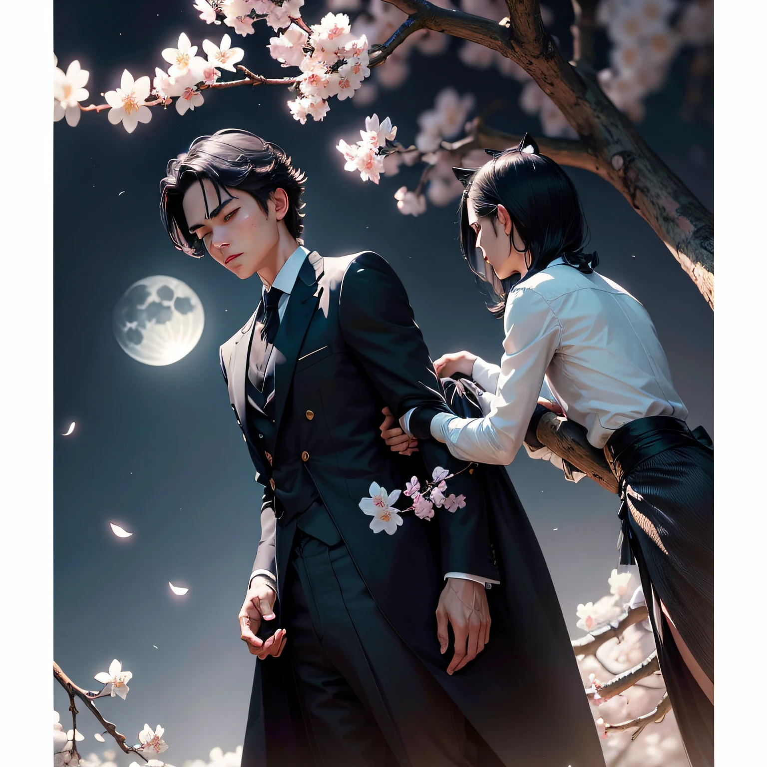 male people, Black cat, humanized, High cold face, standing on a tree branch, Under the night, Moonlight falls on the body, Wearing a white gentleman's dress, Expose the side face, There are cherry blossoms blooming and falling next to it, blue color eyes, One eye closed, A high resolution ，Delete the girls，Boys with cat ears and cat tails --auto