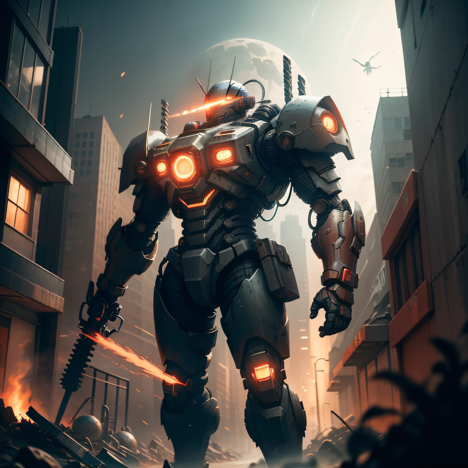 On the moon, barren planet, ruins, holding weapons, no humans, glowing, robot, building, glowing eyes, orange mech, science fiction, city, reality, mecha, galaxy background, full body, neon, cyber Punk, 8K wallpapers, ultra-detailed artwork, cinematic lighting, realistic photos, Dark_Fantasy, Cyberpunk, (chain saw, chain saw man, Red: 1.1), 1man, Mechanical marvel, Robotic presence, Cybernetic guardian, wearing a worn-out machine armor suit, intricate, (steel metal [rust]), elegant, sharp focus, photographed by greg rutkowski, soft lighting, vibrant colors, masterpiece, ((street)), cowboy shot, dynamic pose,