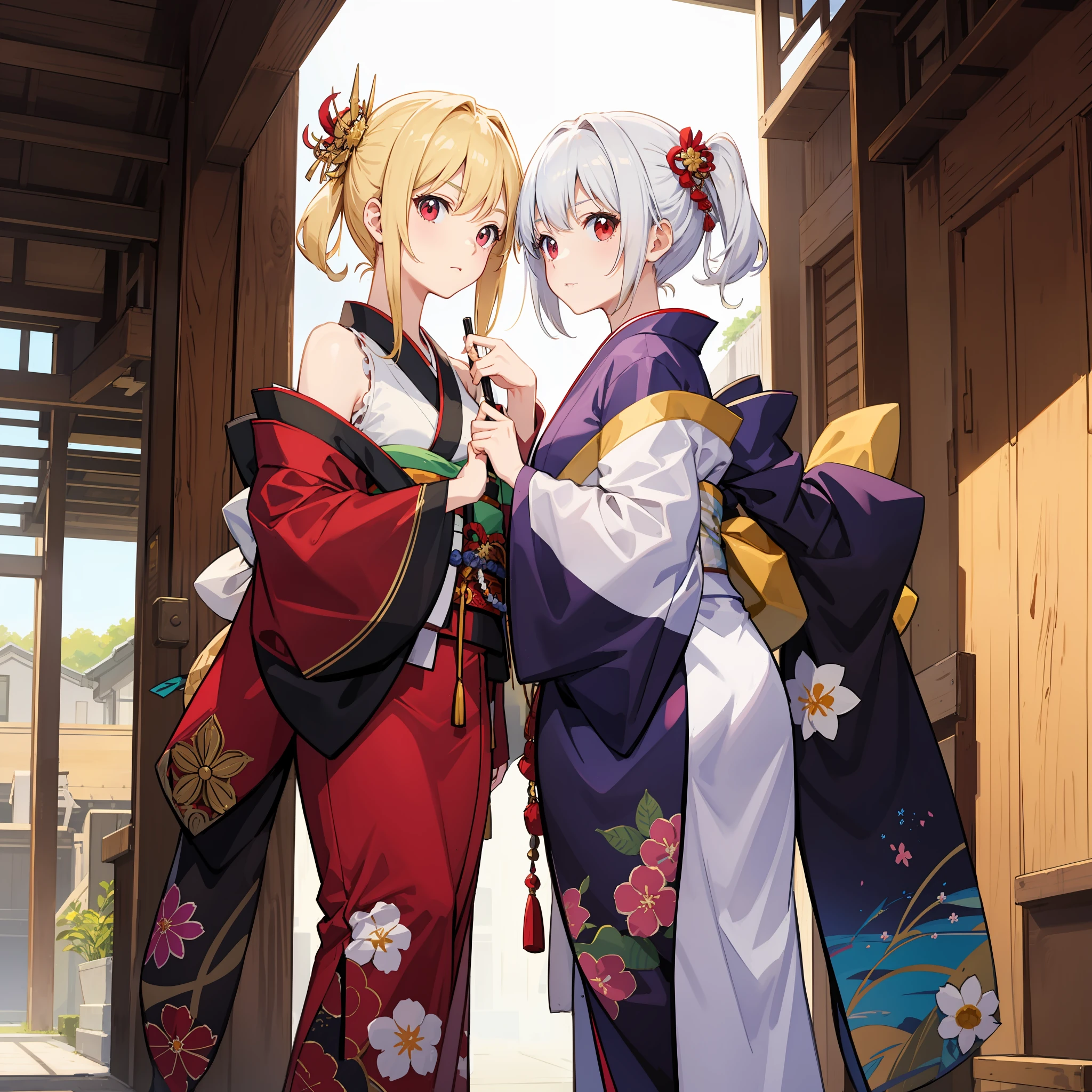 animesque、One blonde girl with red eyes、kimono、off shoulders、suns