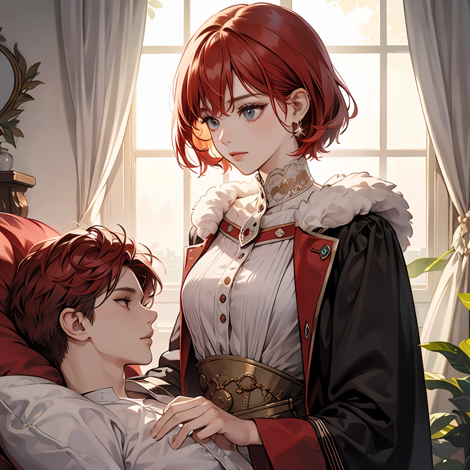 femele，short detailed hair，red tinted hair，The upper part of the body，Royal sister， --auto