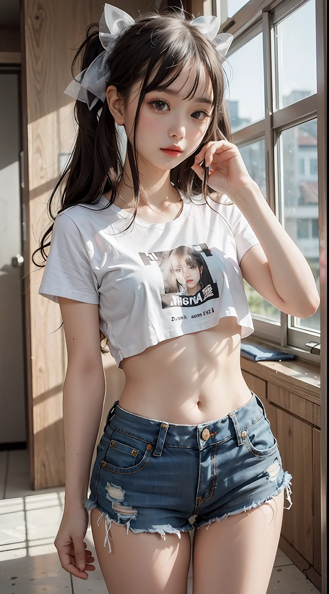 Two,25-year-old little beauty,small heads)Wear a white T-shirt printed with a translucent pattern,denim short,Full body photo,Close-up shot,messy hair style,蝴蝶结🎀背景大街,Classroom,Standing and posing,Slim figure,Small lips,mature
